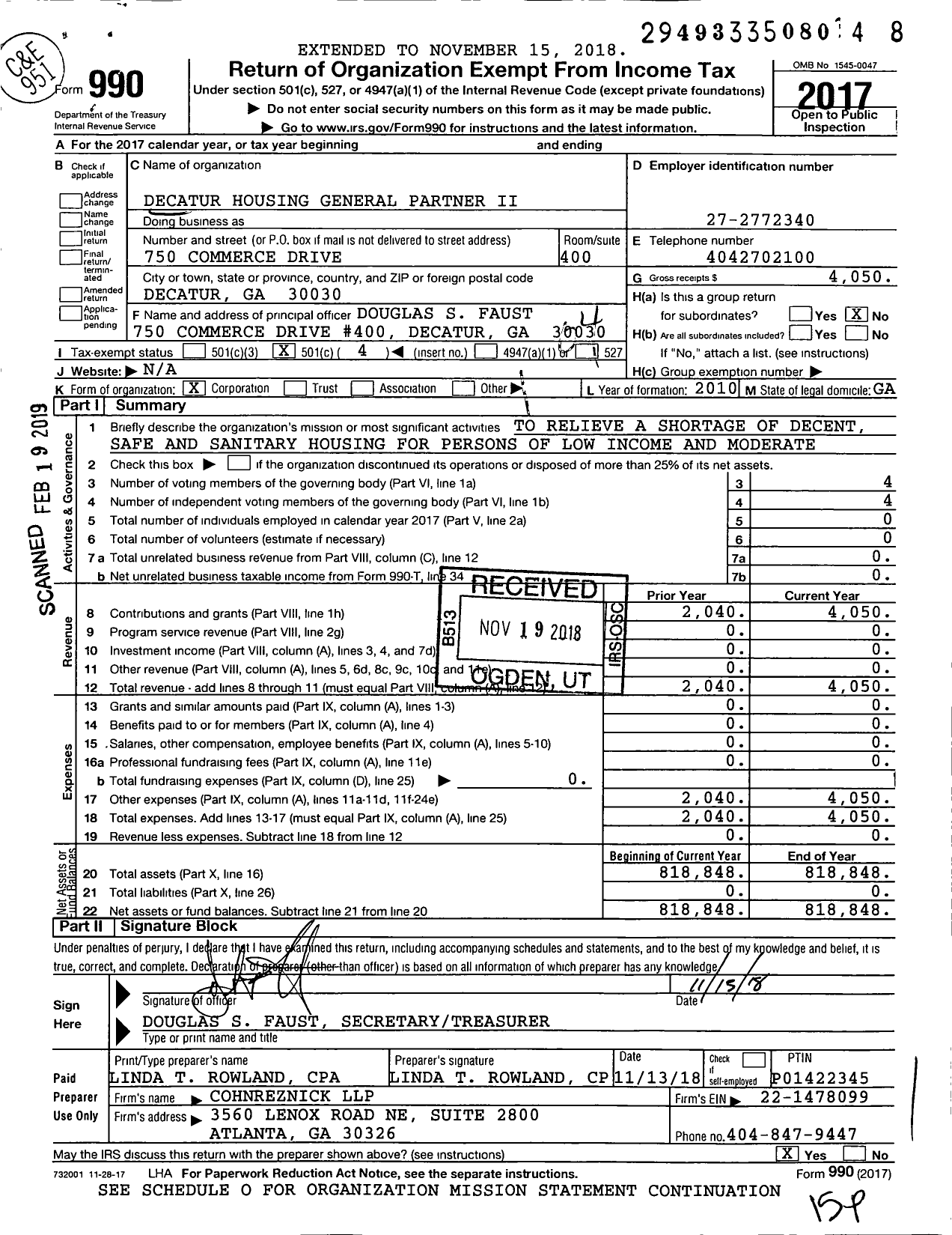 Image of first page of 2017 Form 990O for Decatur Housing General Partner Ii