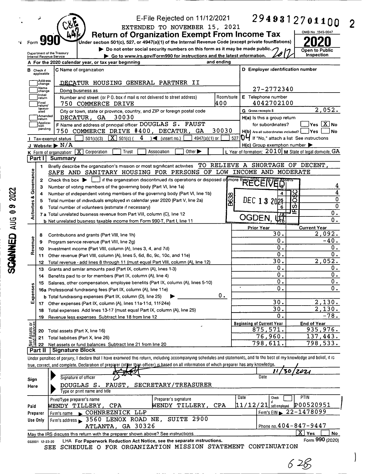 Image of first page of 2020 Form 990O for Decatur Housing General Partner Ii