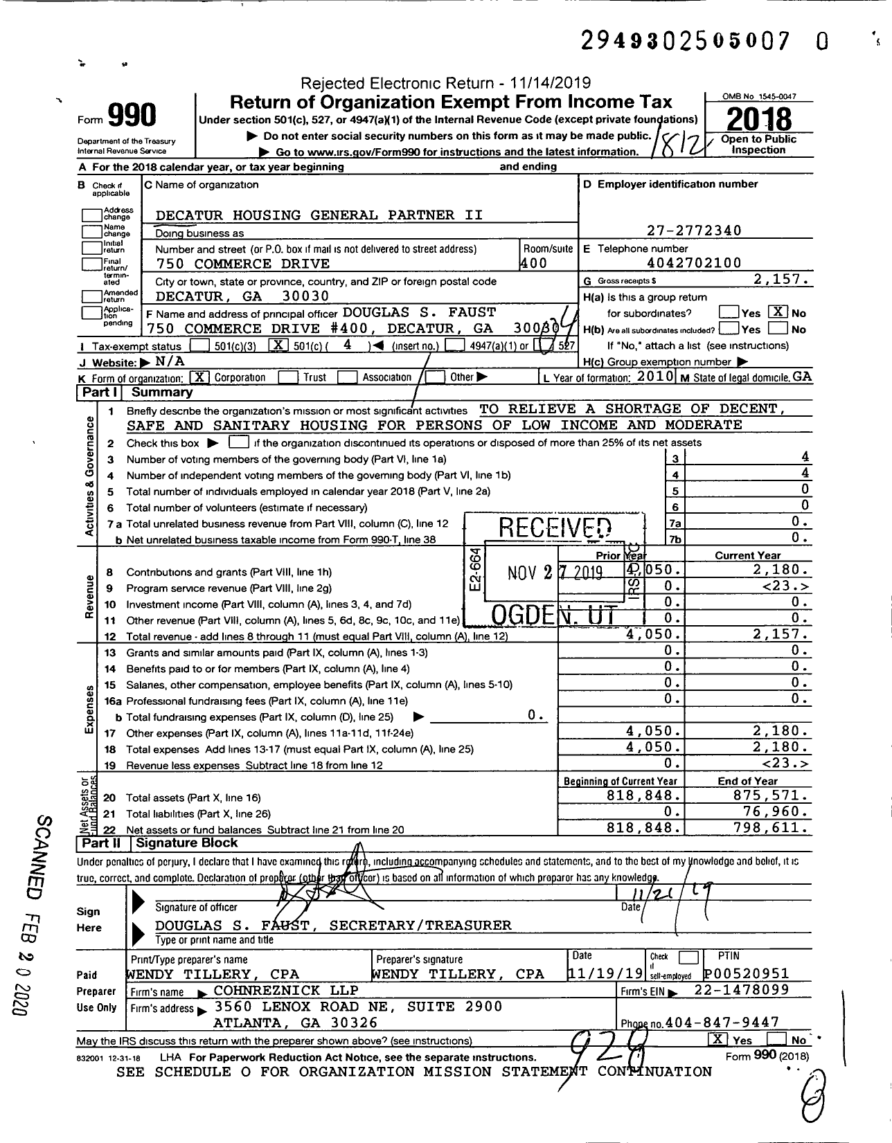 Image of first page of 2018 Form 990O for Decatur Housing General Partner Ii