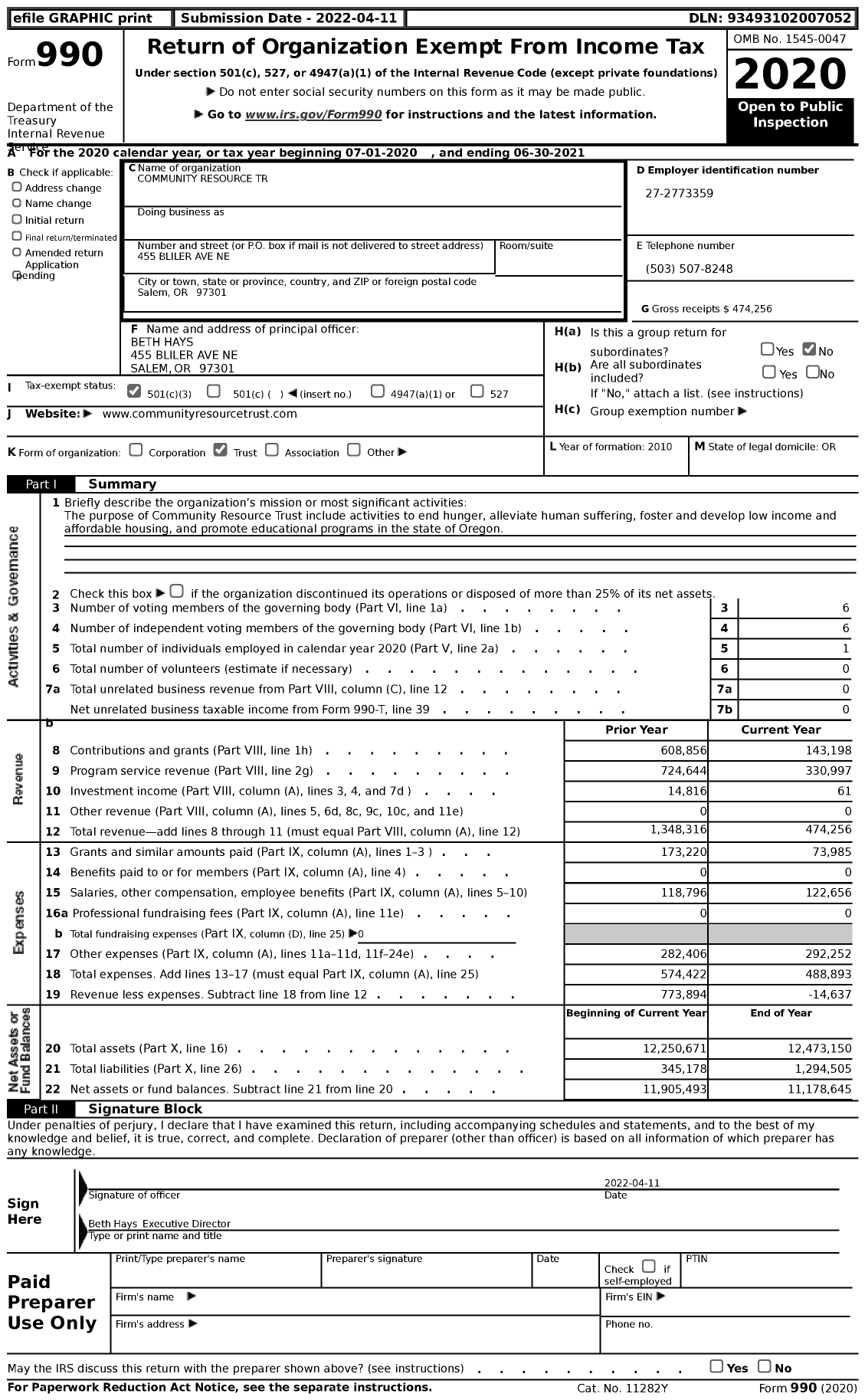 Image of first page of 2020 Form 990 for Community Resource Trust