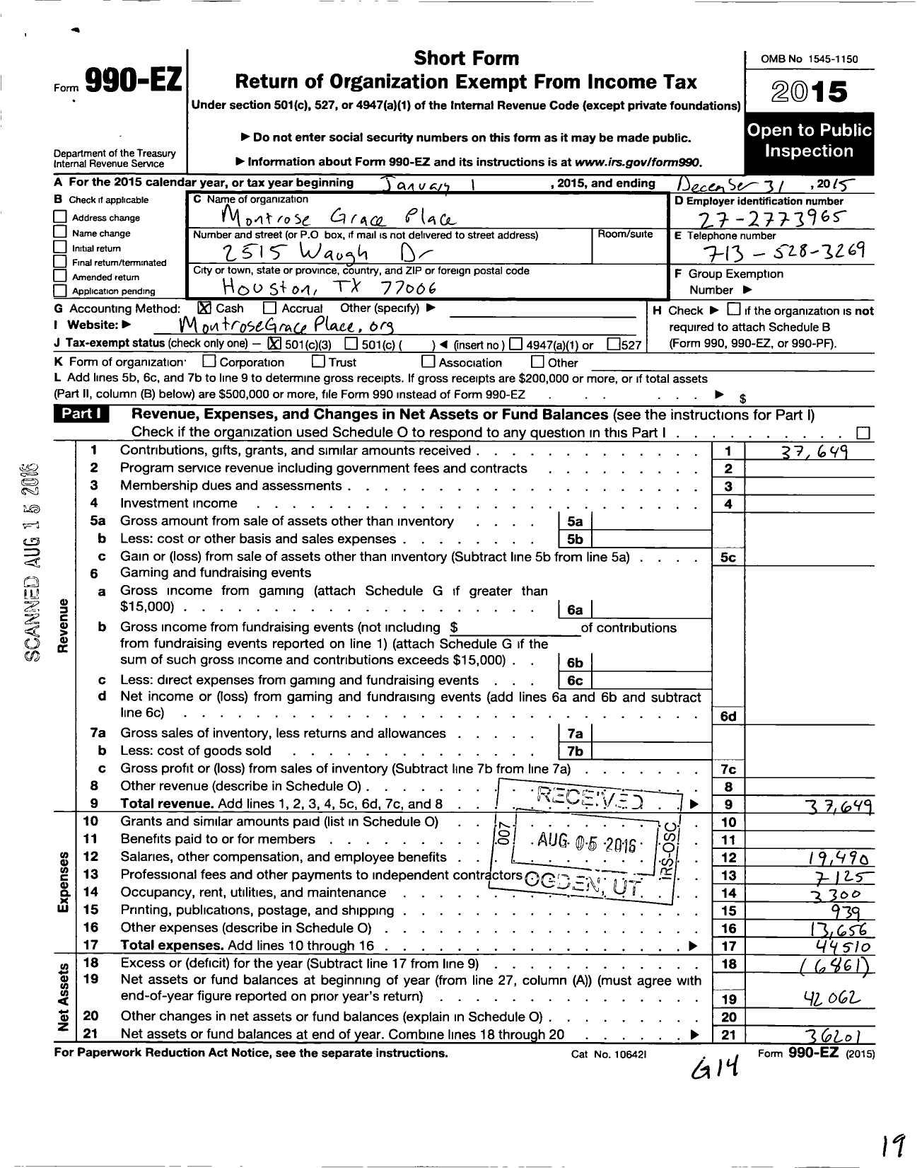 Image of first page of 2015 Form 990EZ for Montrose Grace Place