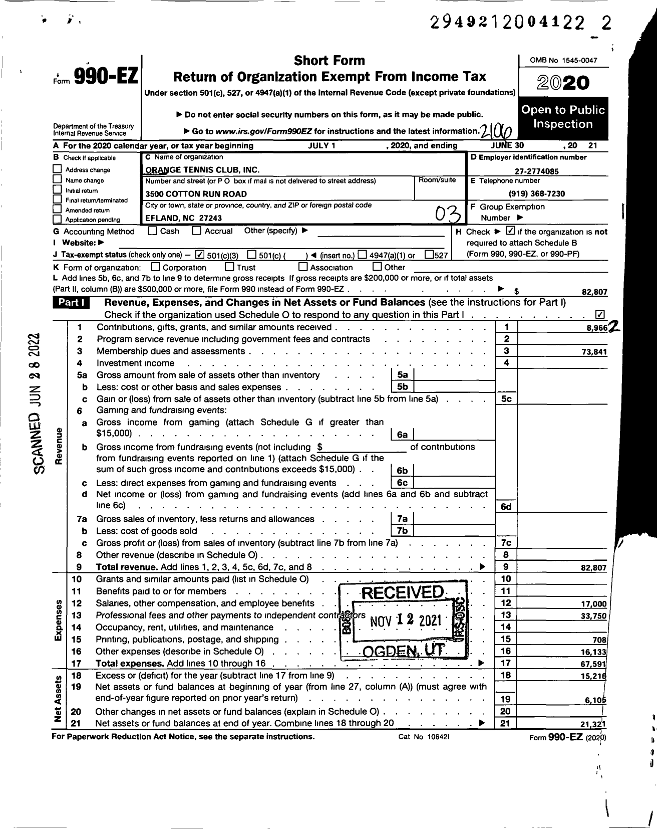 Image of first page of 2020 Form 990EZ for Orange Tennis Club