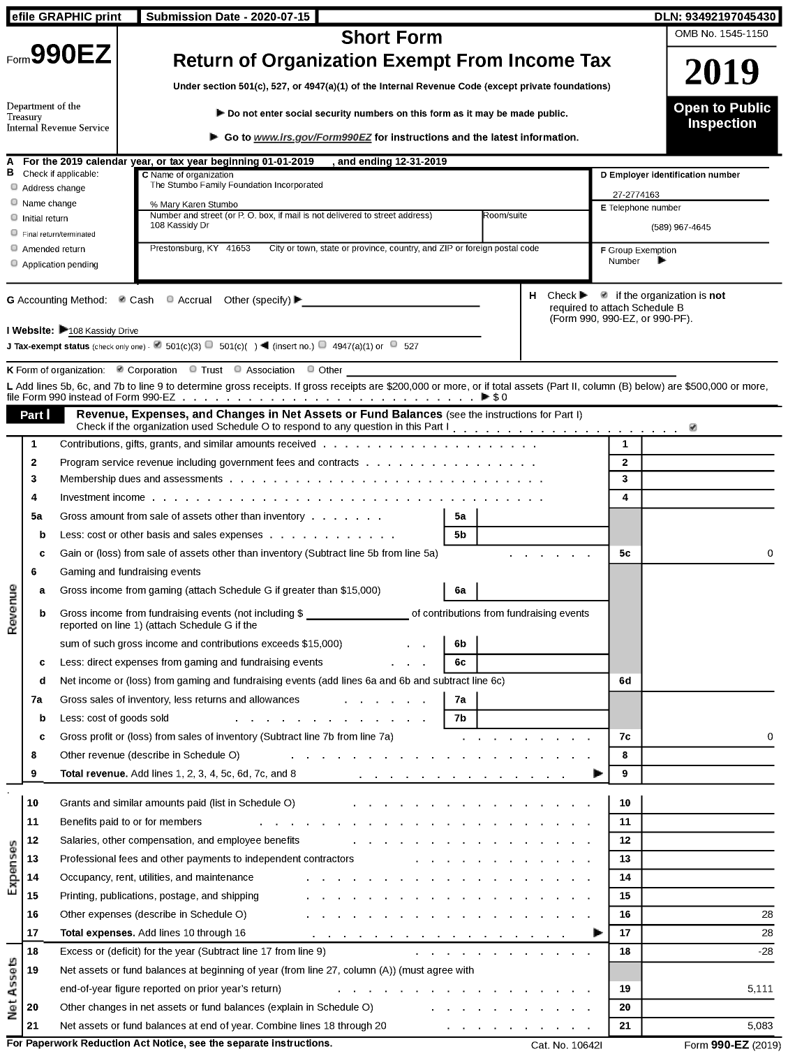 Image of first page of 2019 Form 990EZ for The Stumbo Family Foundation Incorporated