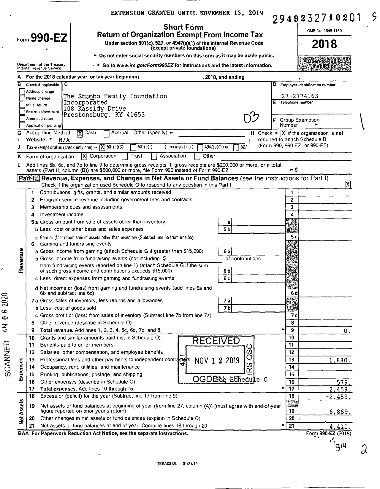 Image of first page of 2018 Form 990EZ for The Stumbo Family Foundation Incorporated