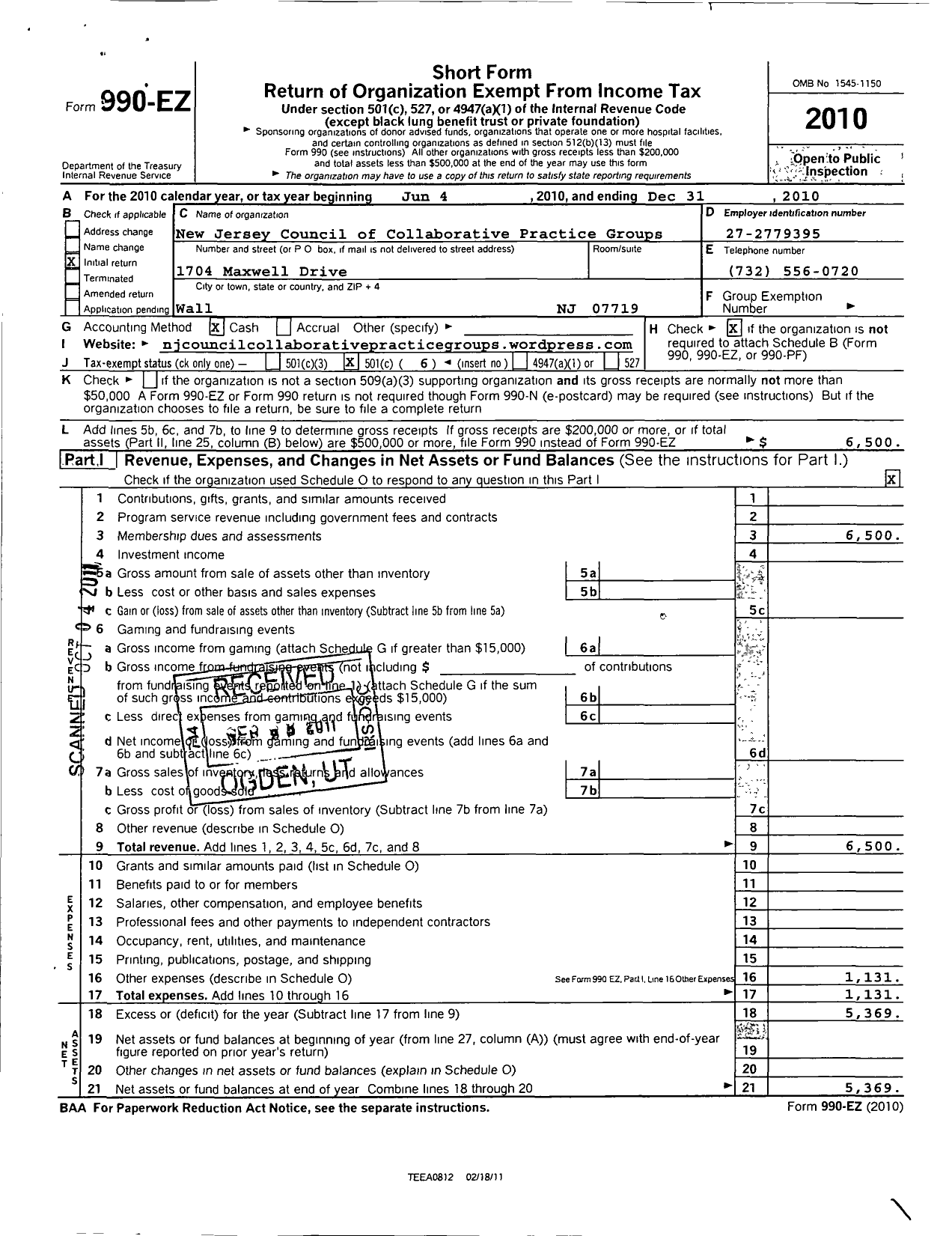 Image of first page of 2010 Form 990EO for New Jersey Council of Collaborative Practice Groups