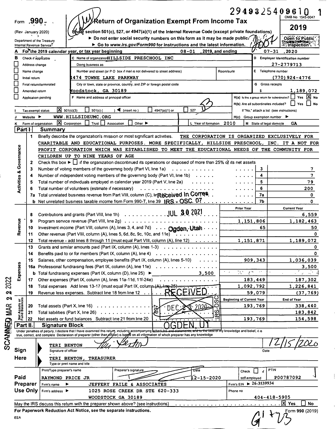 Image of first page of 2019 Form 990 for Hillside Preschool