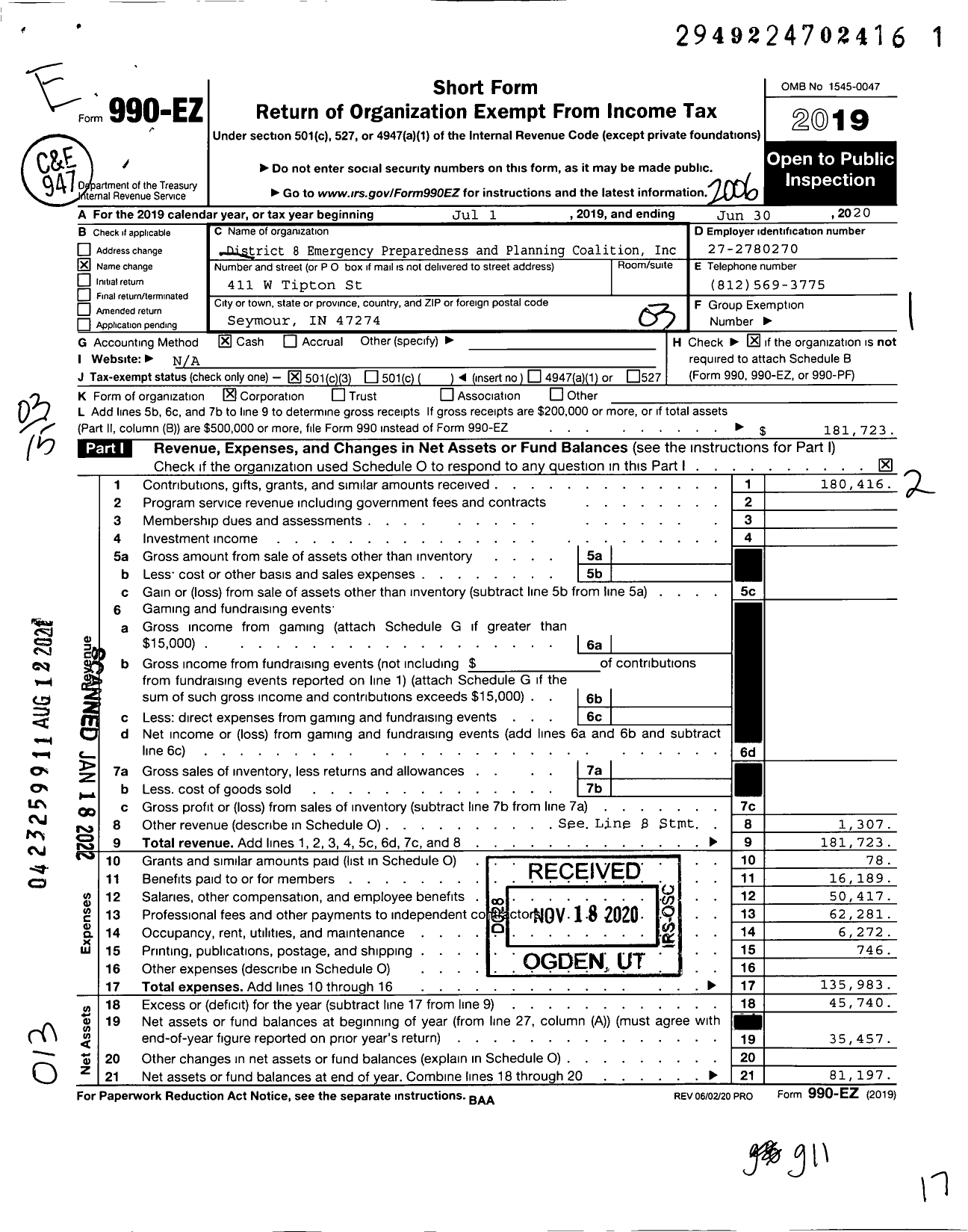 Image of first page of 2019 Form 990EZ for District 8 Hospital Emergency Preparedness Planning