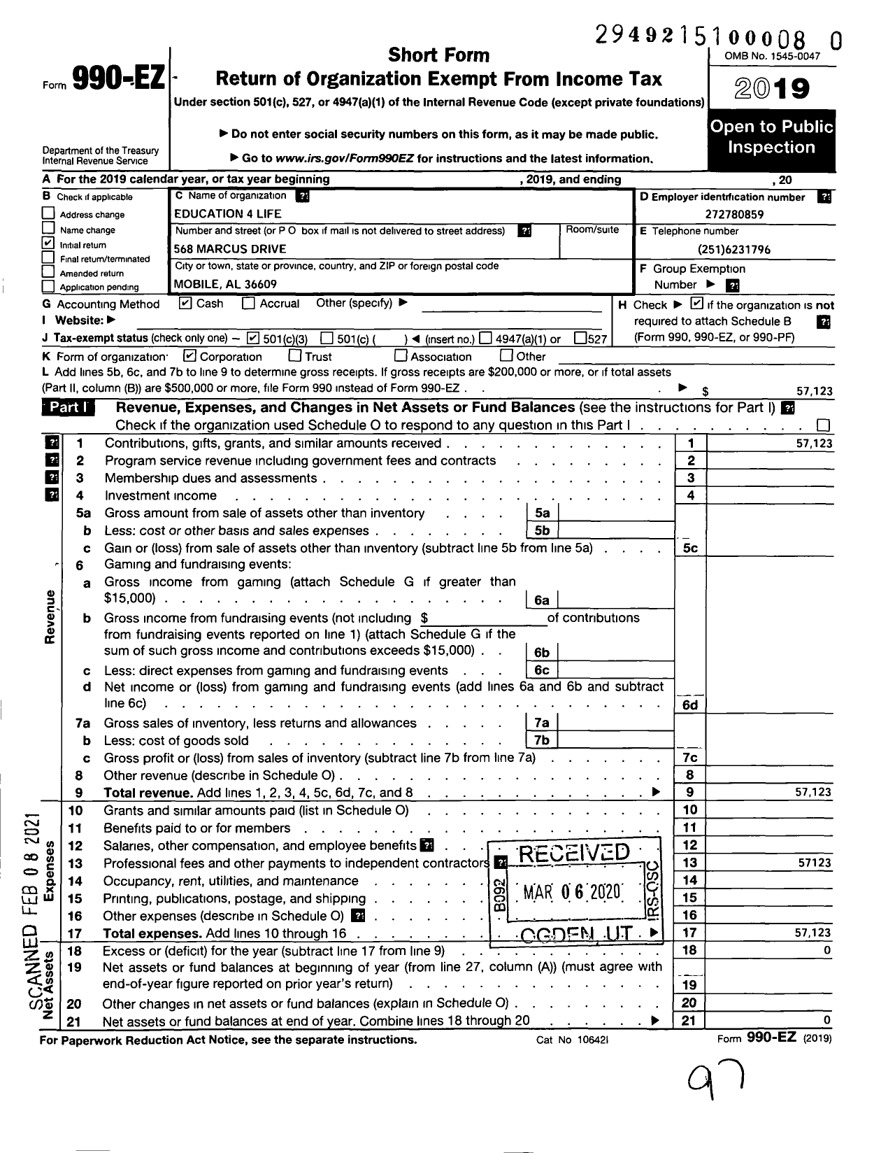 Image of first page of 2019 Form 990EZ for Education 4 Life