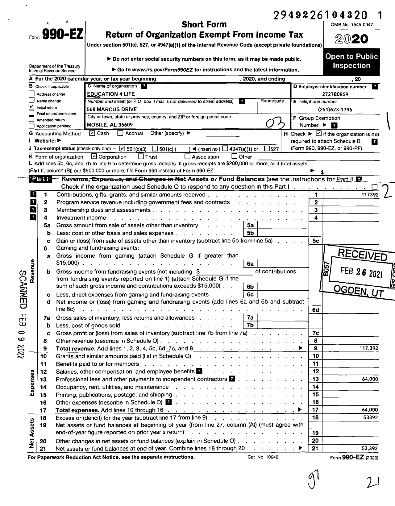 Image of first page of 2020 Form 990EZ for Education 4 Life