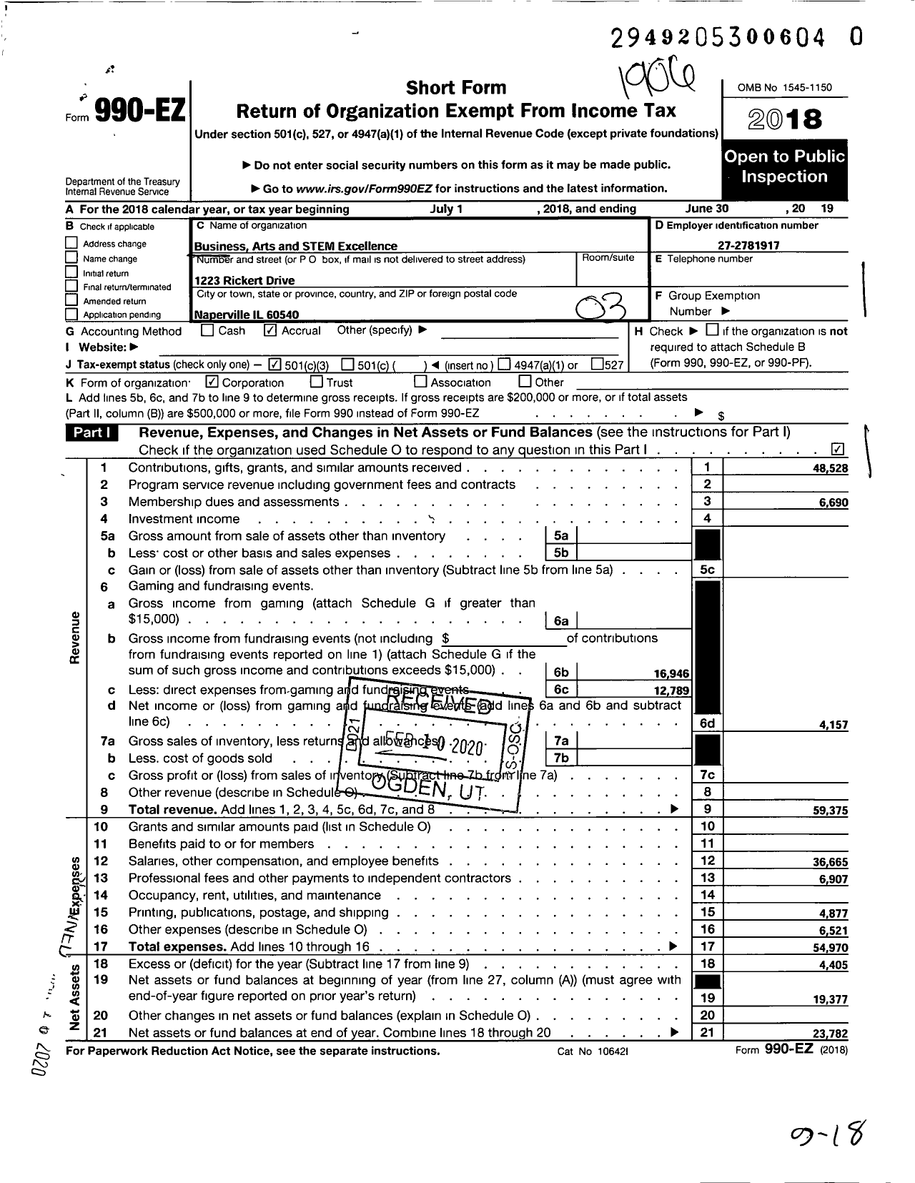 Image of first page of 2018 Form 990EZ for Business Arts and Stem Excellence