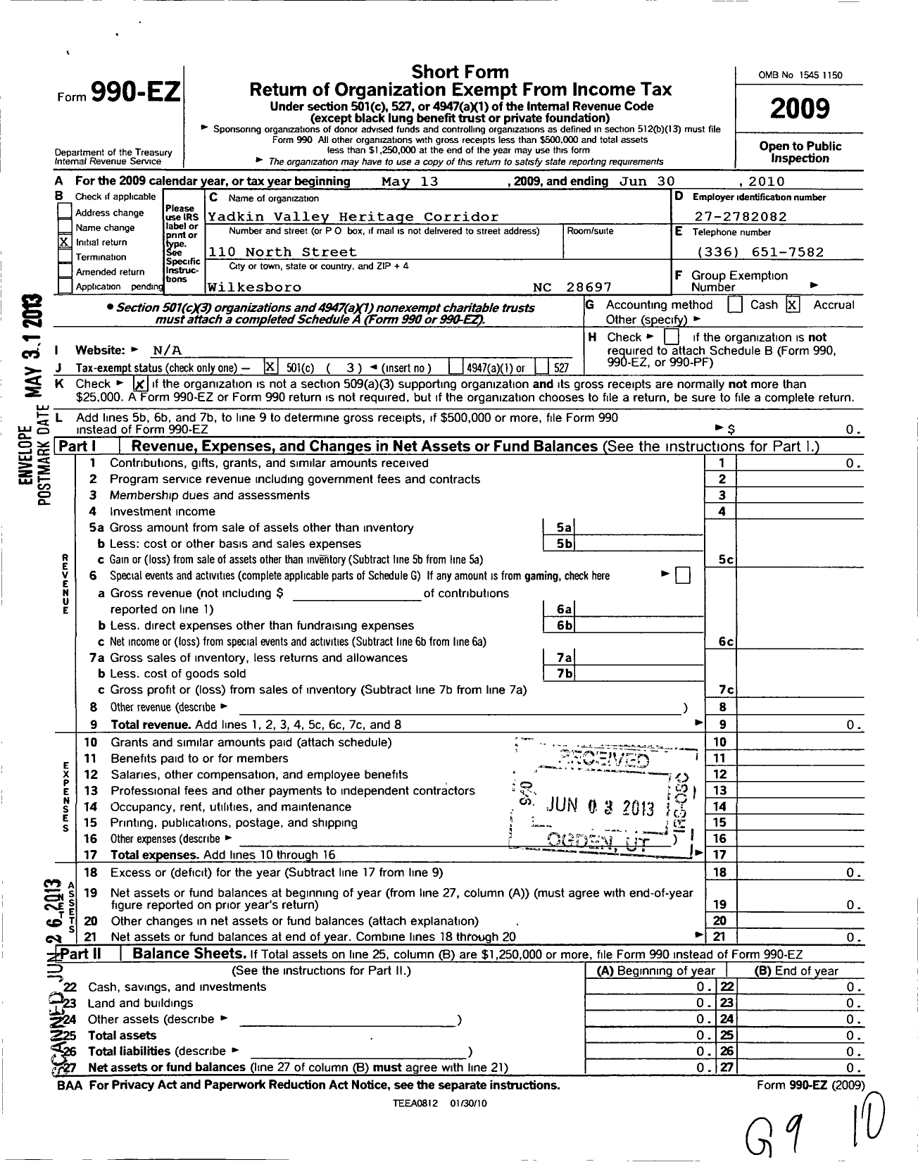 Image of first page of 2009 Form 990EZ for Yadkin Valley Heritage Corridor