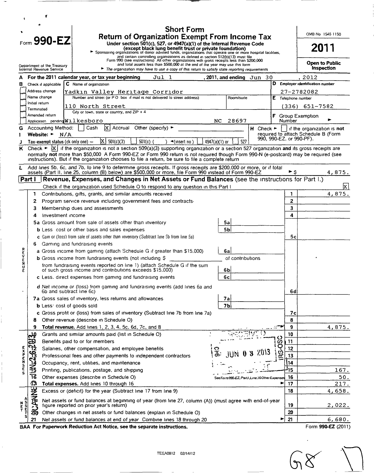 Image of first page of 2011 Form 990EZ for Yadkin Valley Heritage Corridor