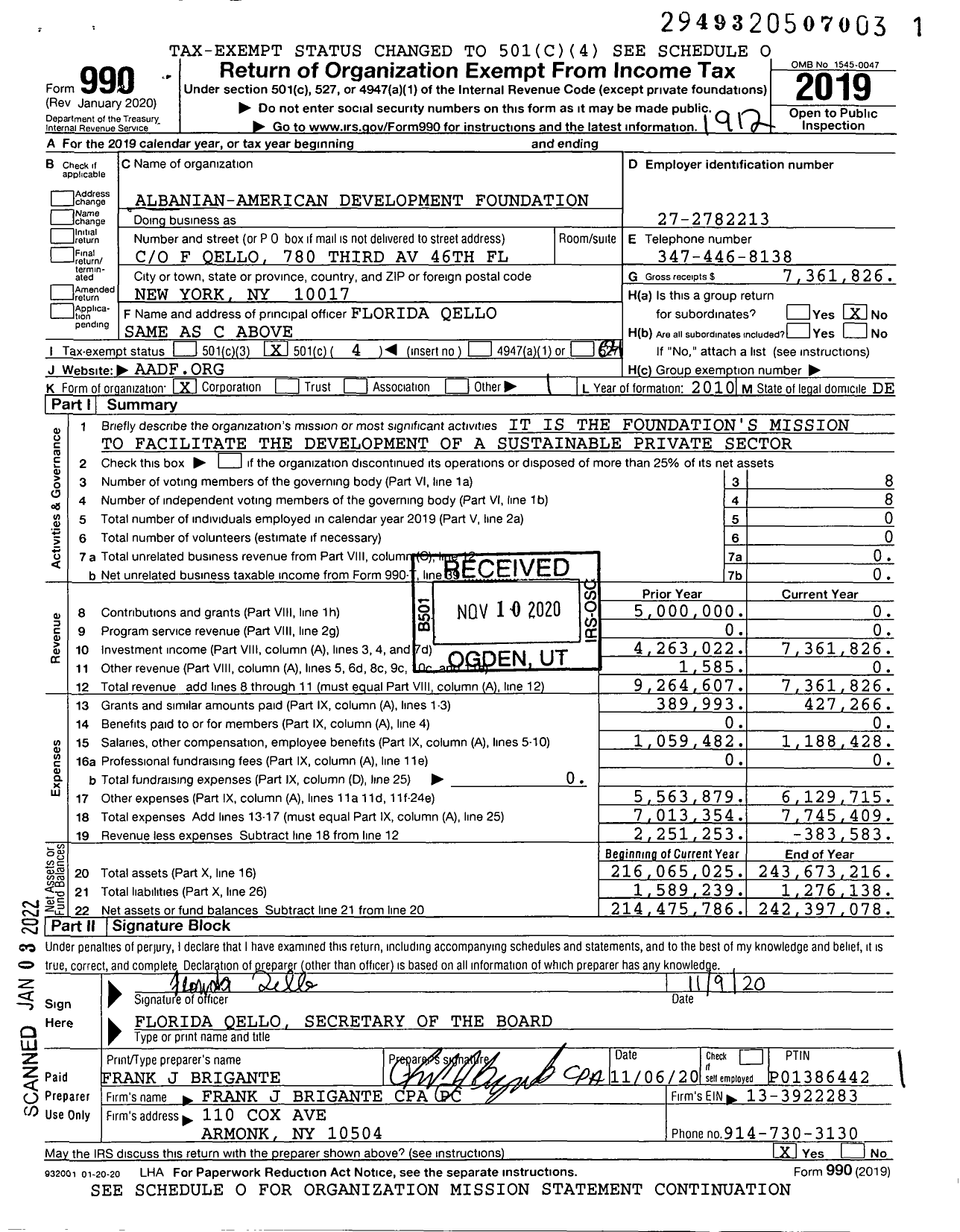 Image of first page of 2019 Form 990O for Albanian-American Development Foundation (AADF)