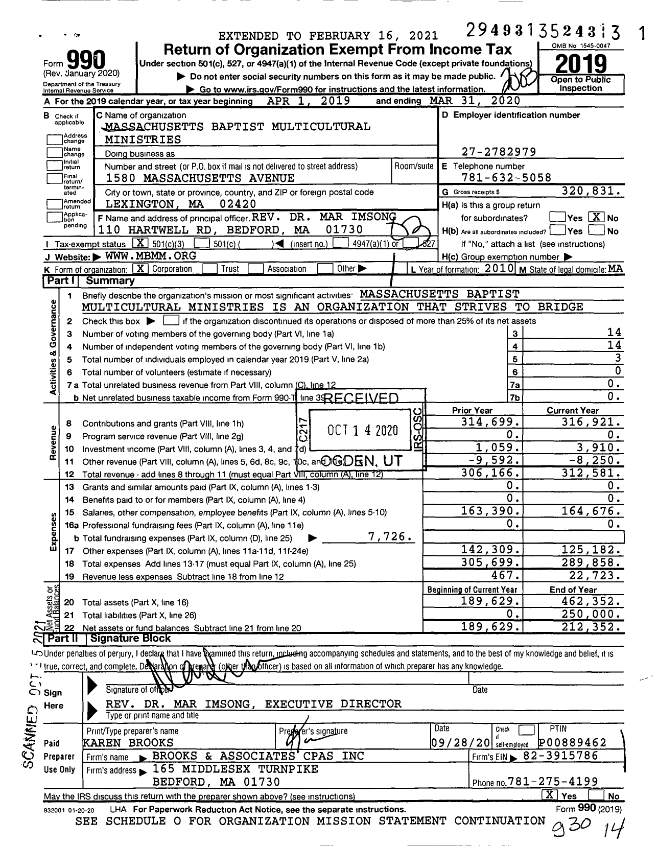 Image of first page of 2019 Form 990 for Massachusetts Baptist Multicultural Ministries