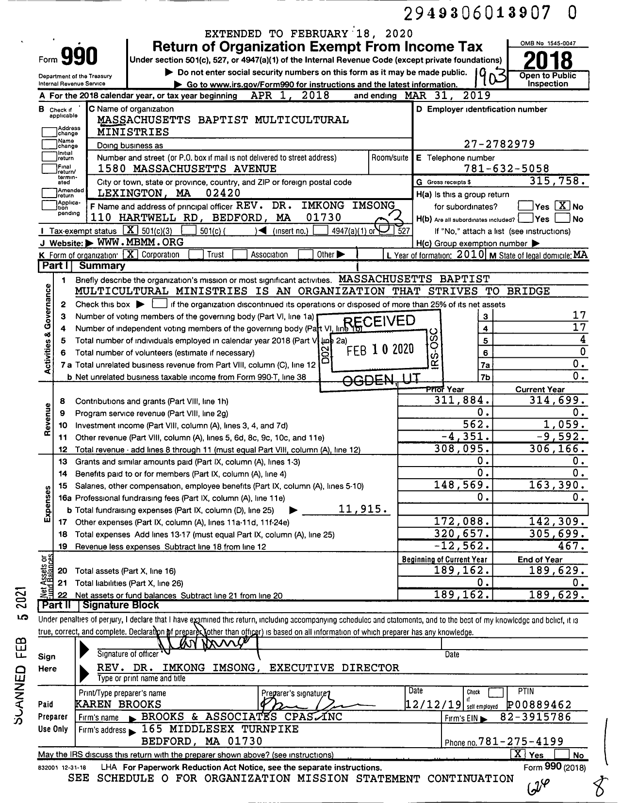 Image of first page of 2018 Form 990 for Massachusetts Baptist Multicultural Ministries