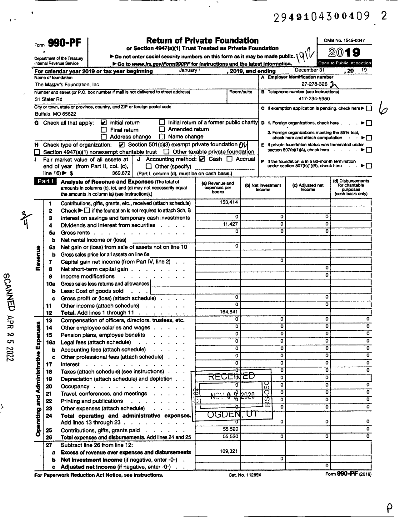 Image of first page of 2019 Form 990PF for The Master's Foundation