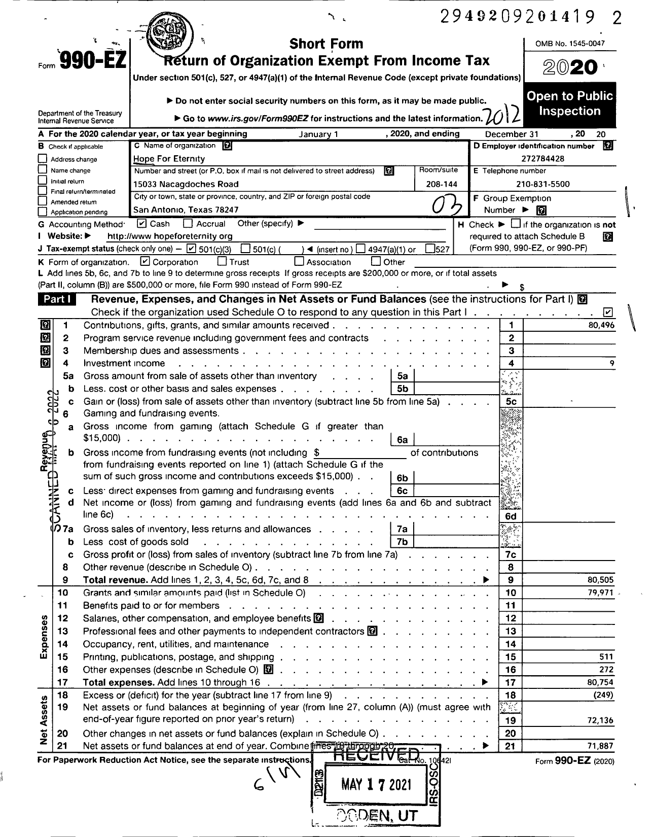 Image of first page of 2020 Form 990EZ for Hope for Eternity