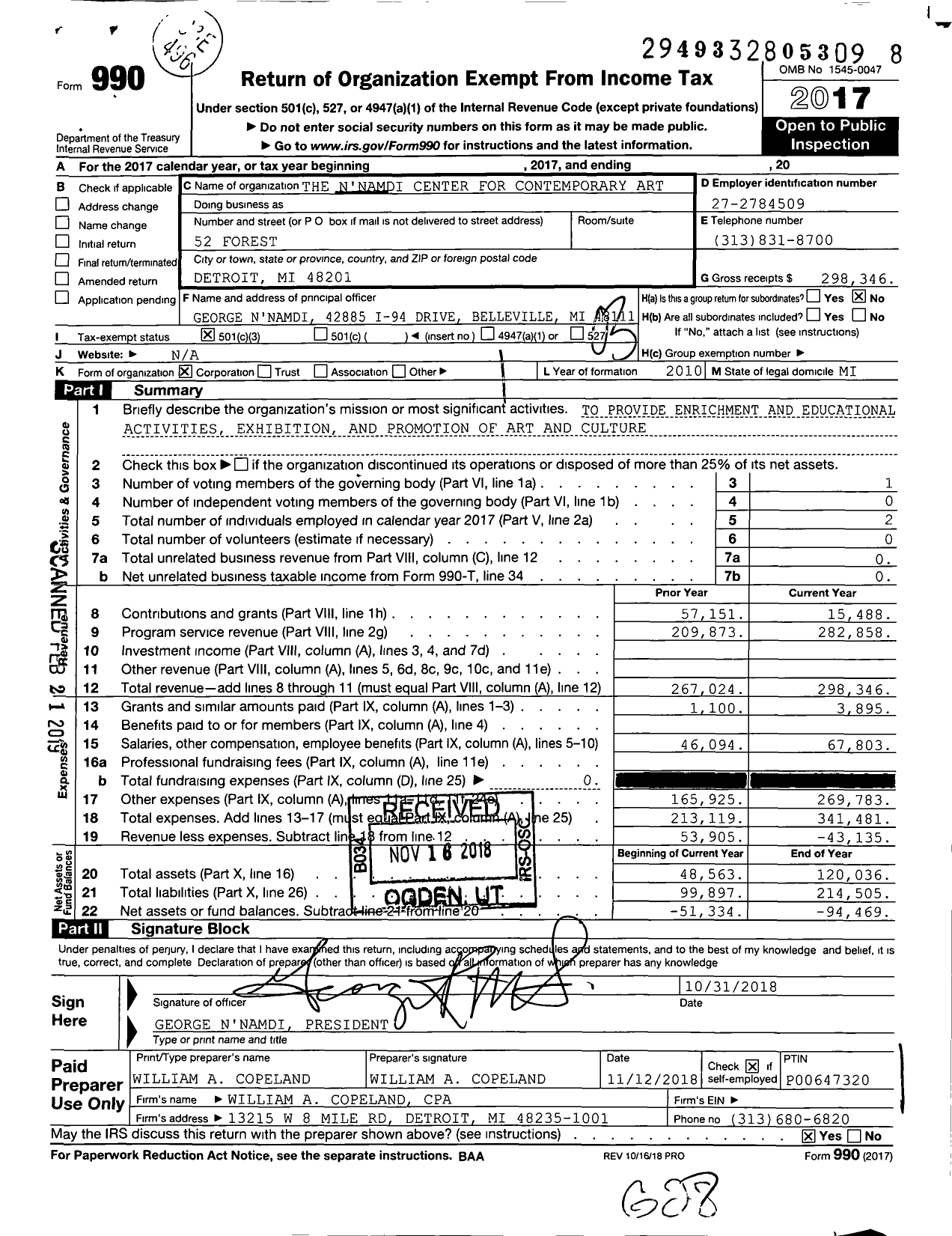 Image of first page of 2017 Form 990 for The N'namdi Center for Contemporary Art