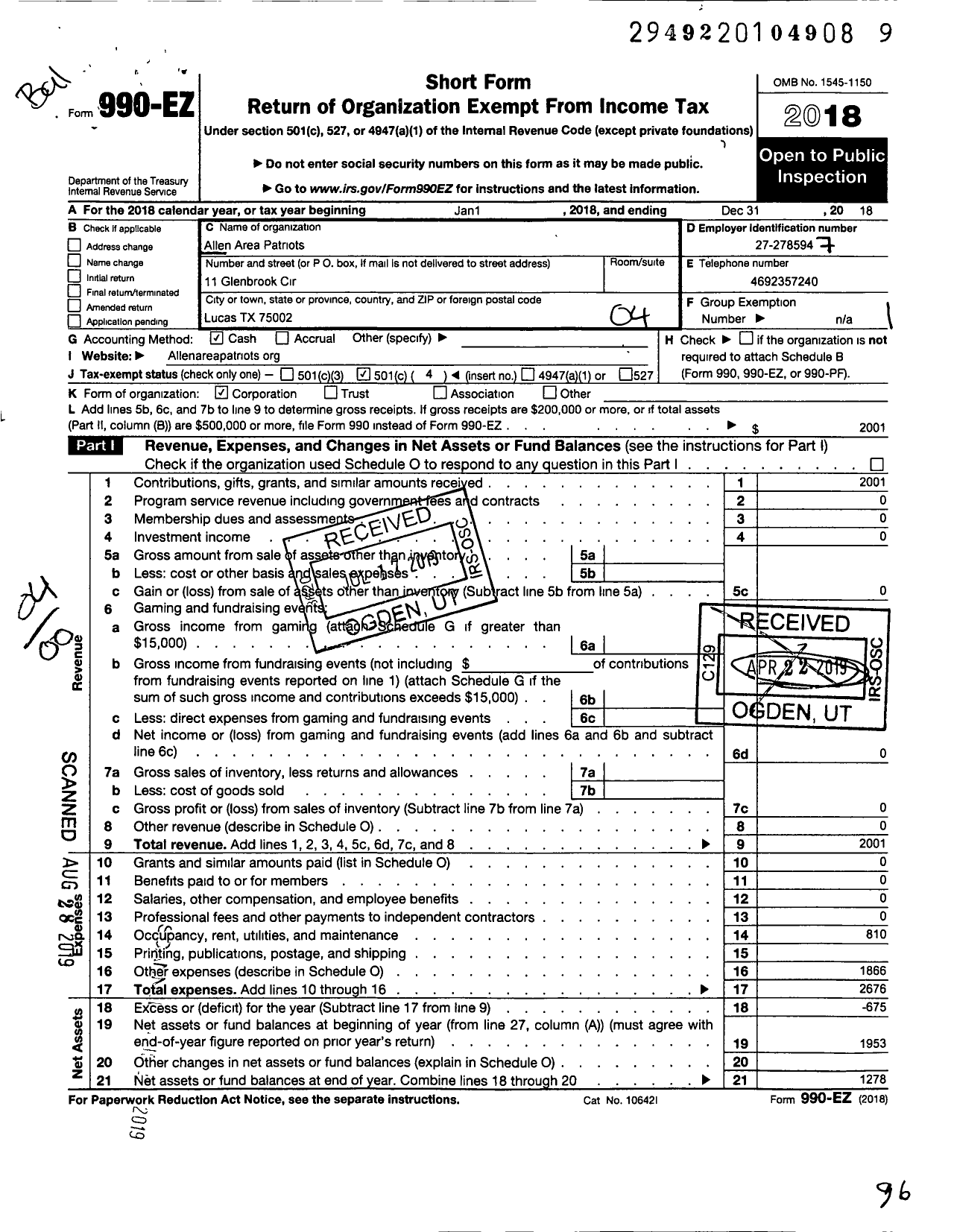 Image of first page of 2018 Form 990EO for Allen Area Patriots