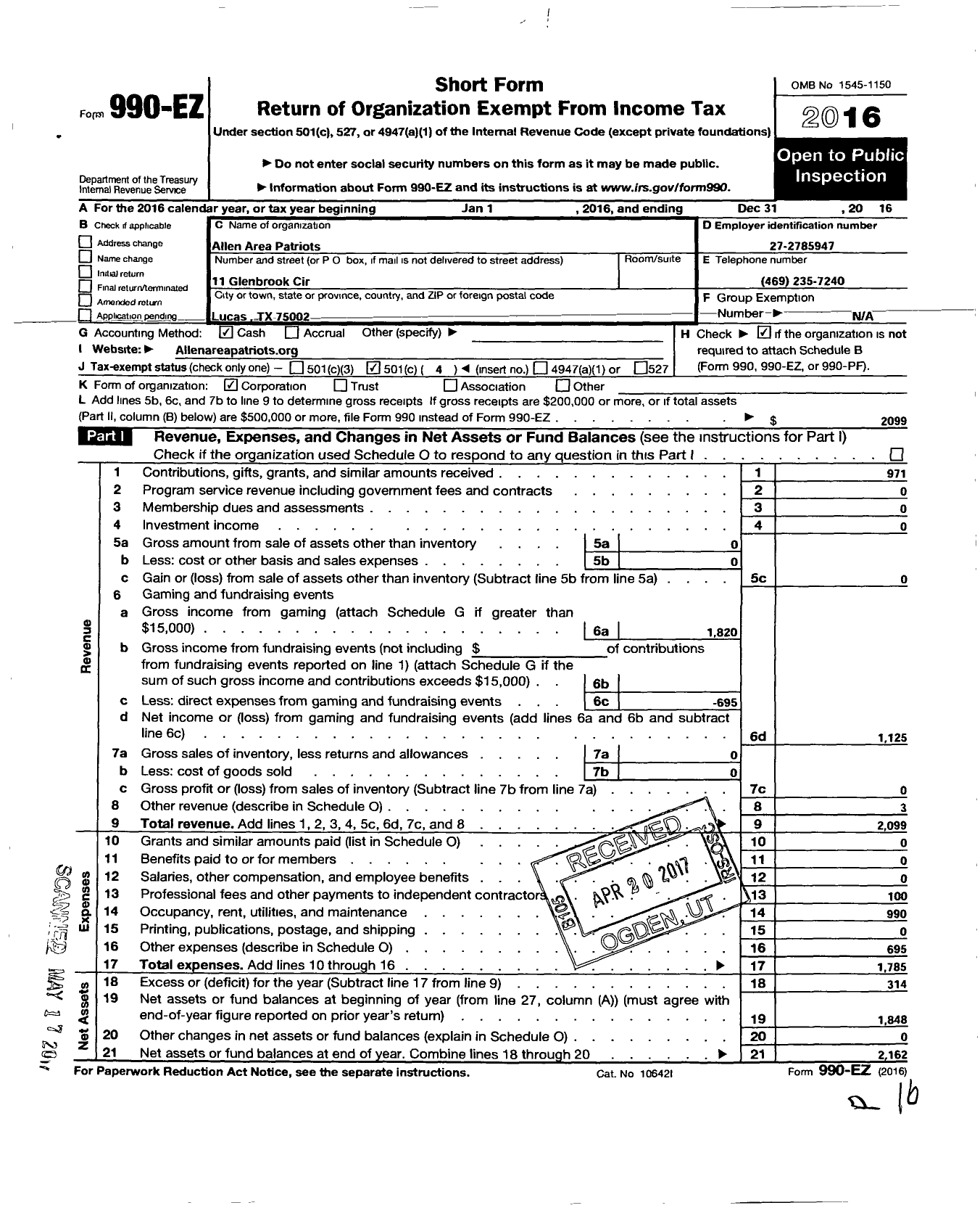 Image of first page of 2016 Form 990EO for Allen Area Patriots