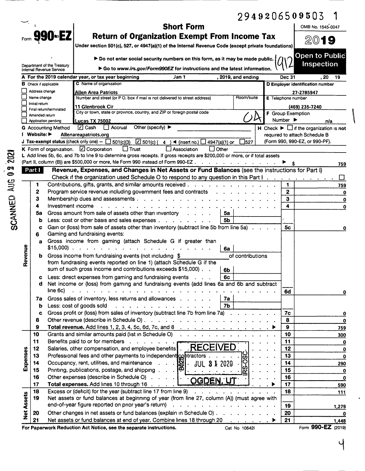 Image of first page of 2019 Form 990EO for Allen Area Patriots