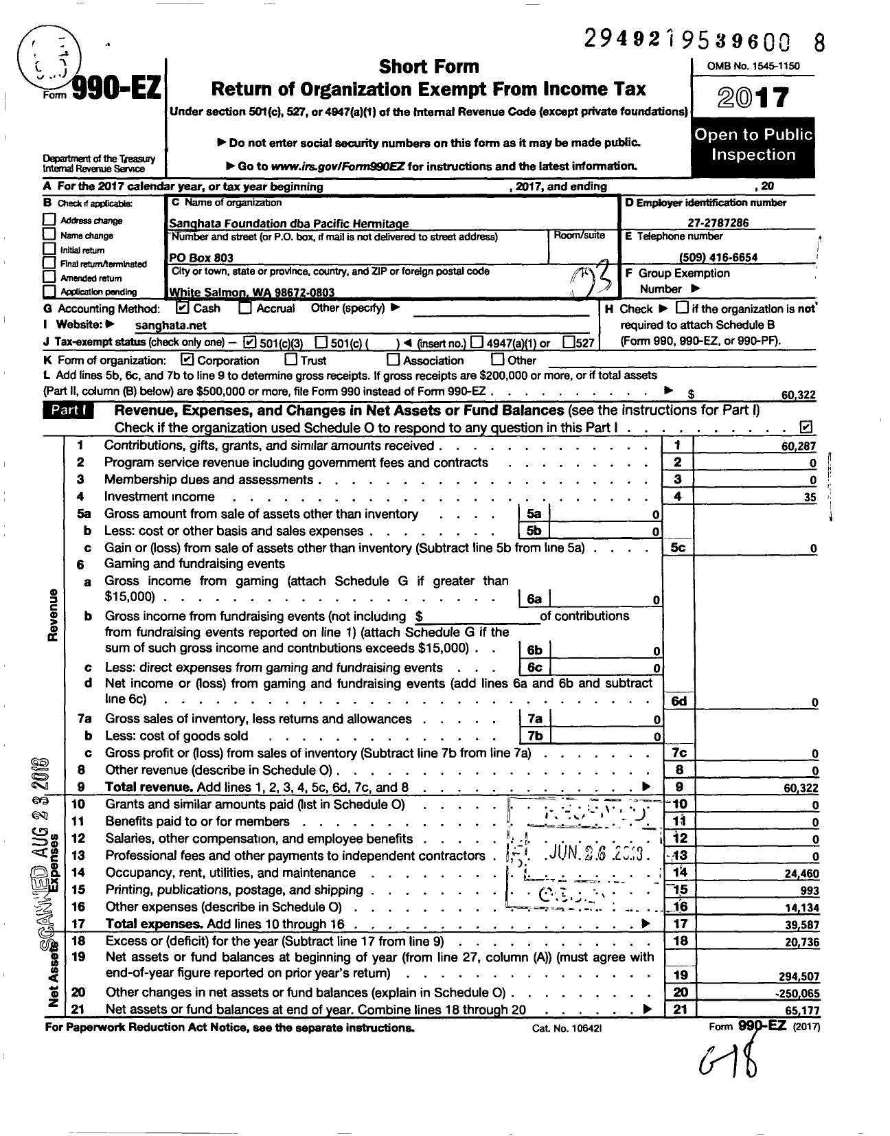 Image of first page of 2017 Form 990EZ for Sanghata Foundation