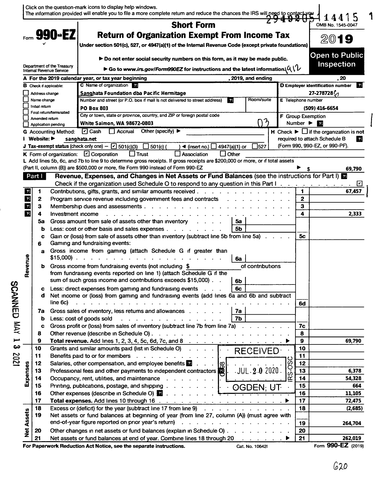 Image of first page of 2019 Form 990EZ for Sanghata Foundation