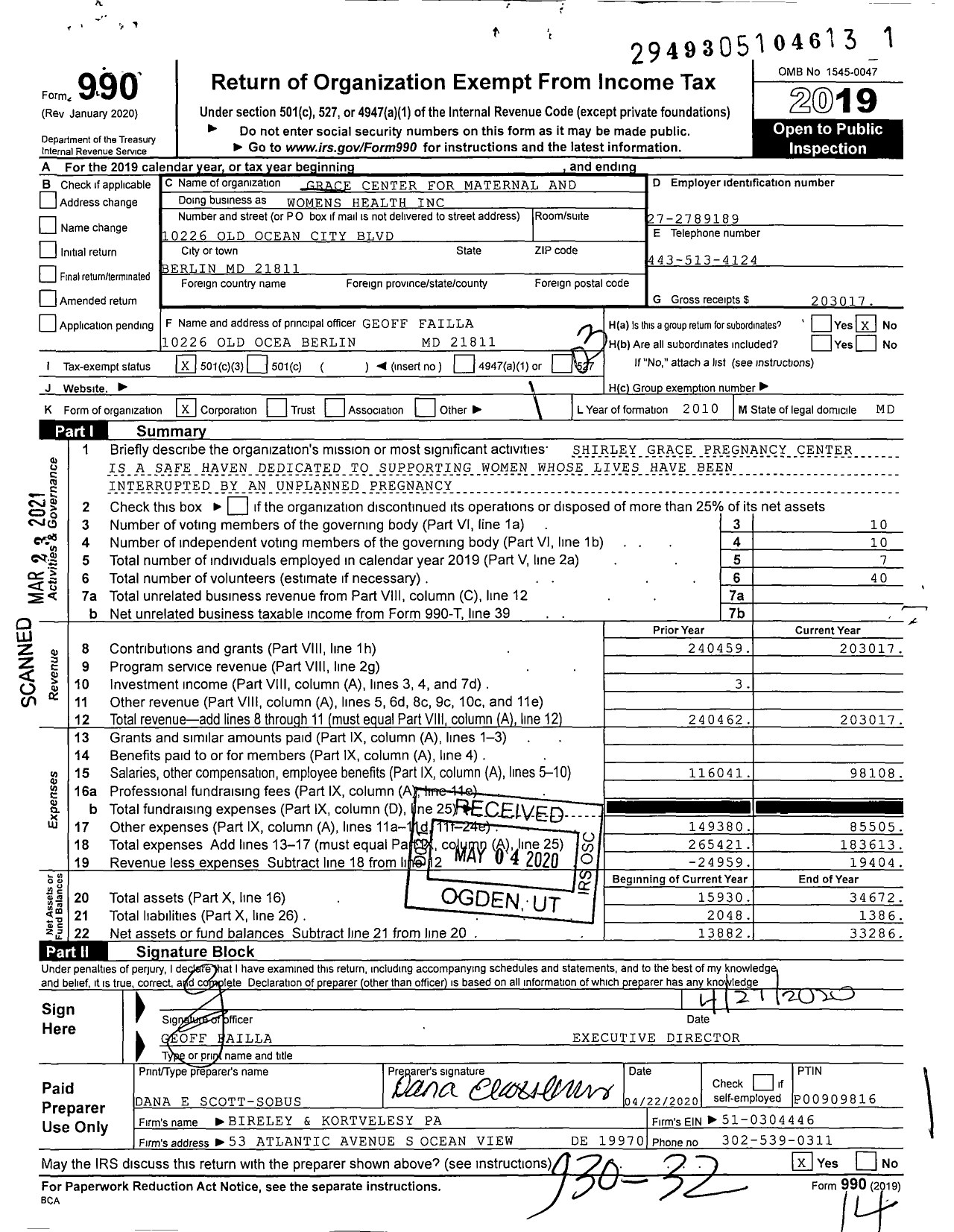 Image of first page of 2019 Form 990 for Grace Center for Maternal and Womens Health