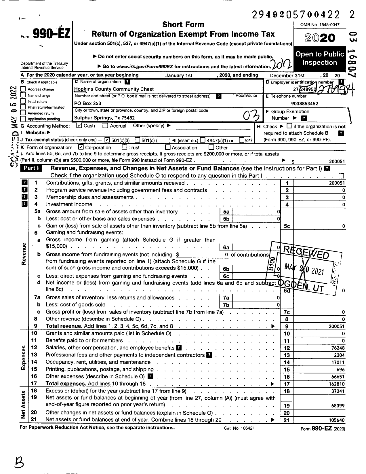 Image of first page of 2020 Form 990EZ for Hopkins County Community Chest