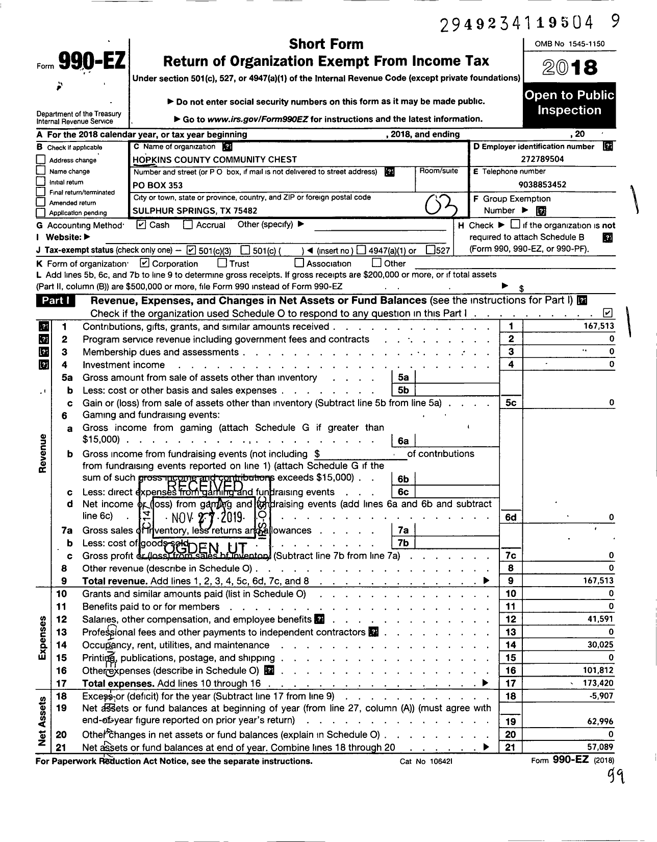 Image of first page of 2018 Form 990EZ for Hopkins County Community Chest