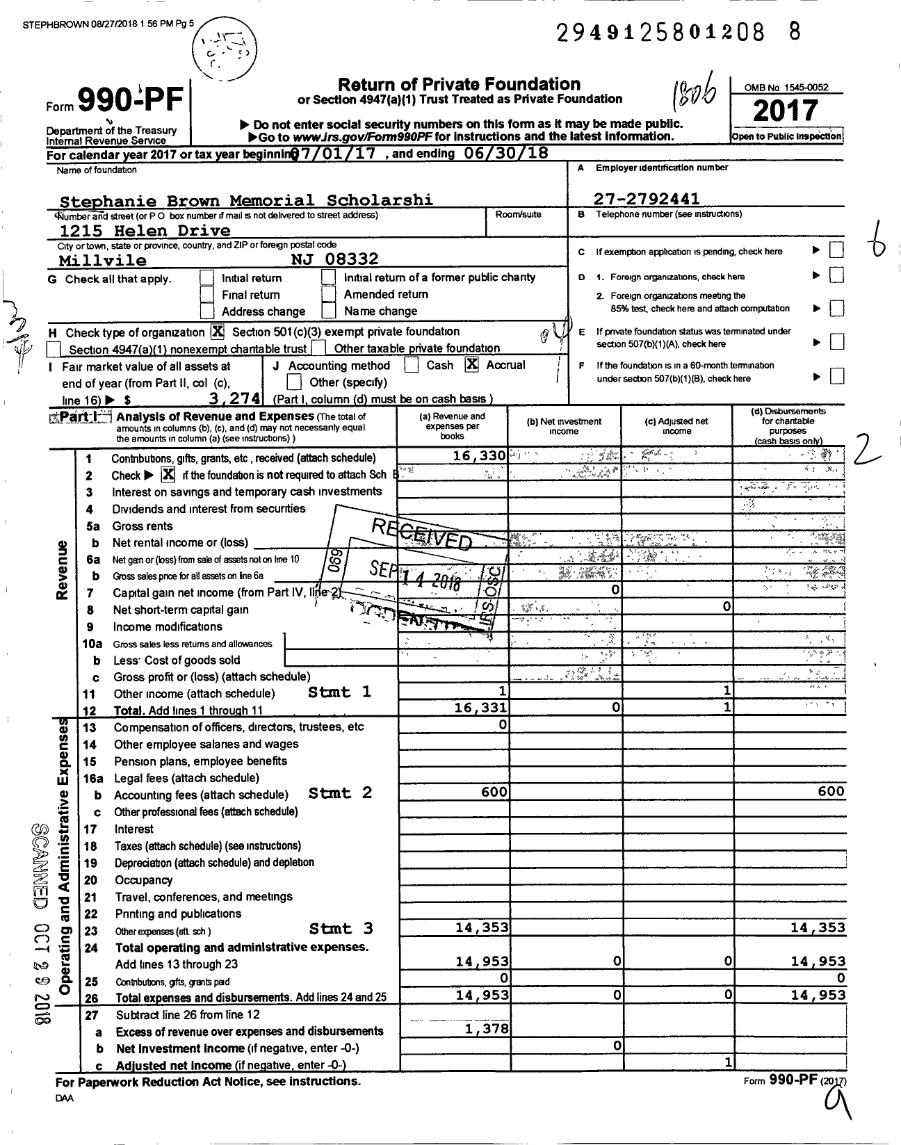 Image of first page of 2017 Form 990PF for Stephanie Brown Memorial Scholarship