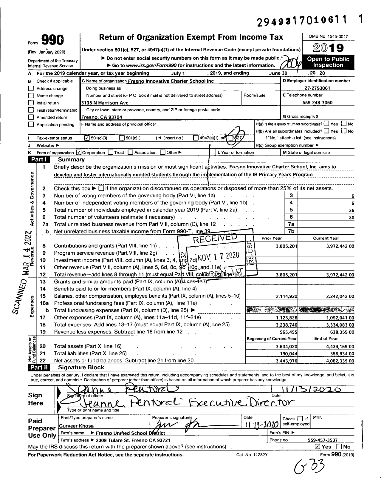 Image of first page of 2019 Form 990 for Fresno Innovative Charter School