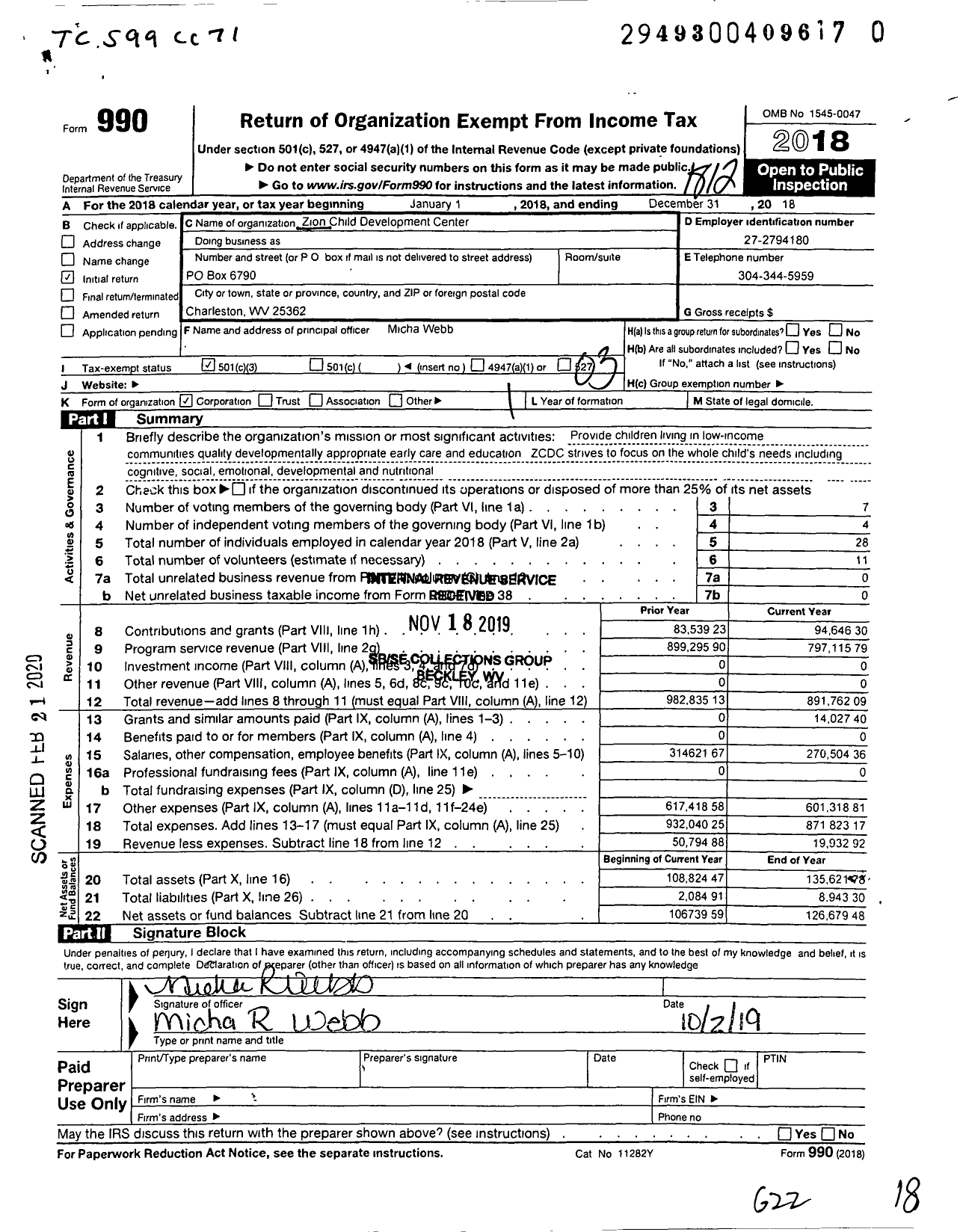 Image of first page of 2018 Form 990 for Zion Child Development Center