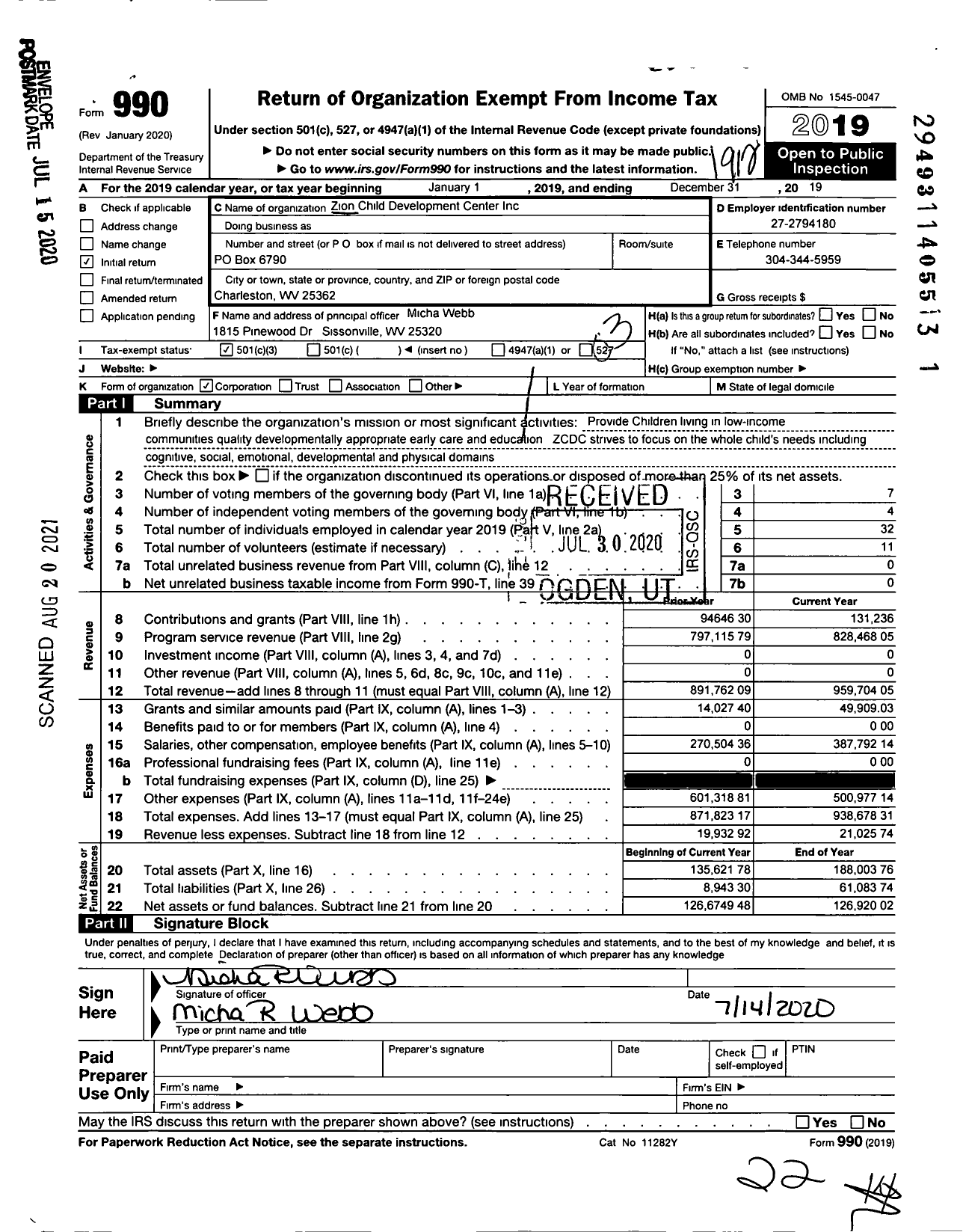 Image of first page of 2019 Form 990 for Zion Child Development Center