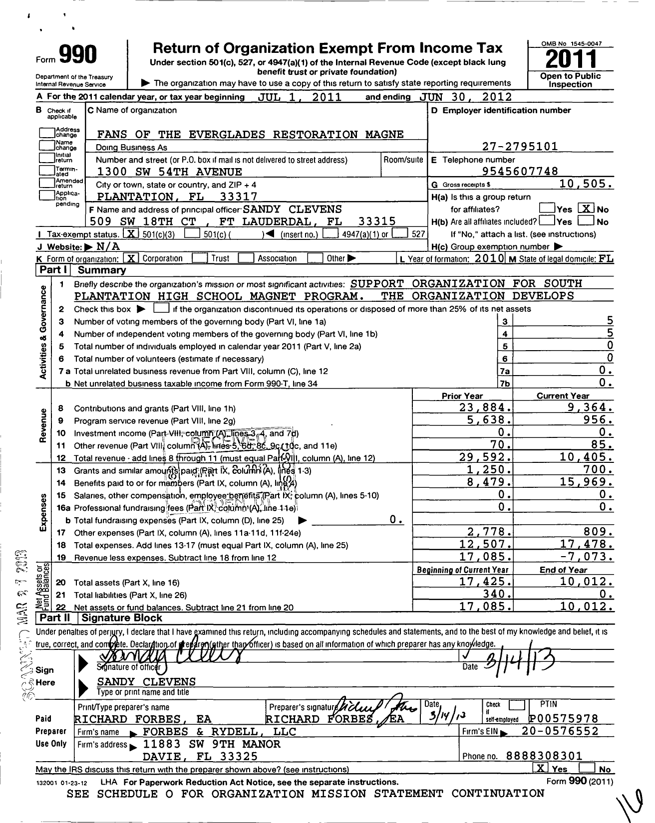 Image of first page of 2011 Form 990 for Fans of the Everglades Restoration Magnet