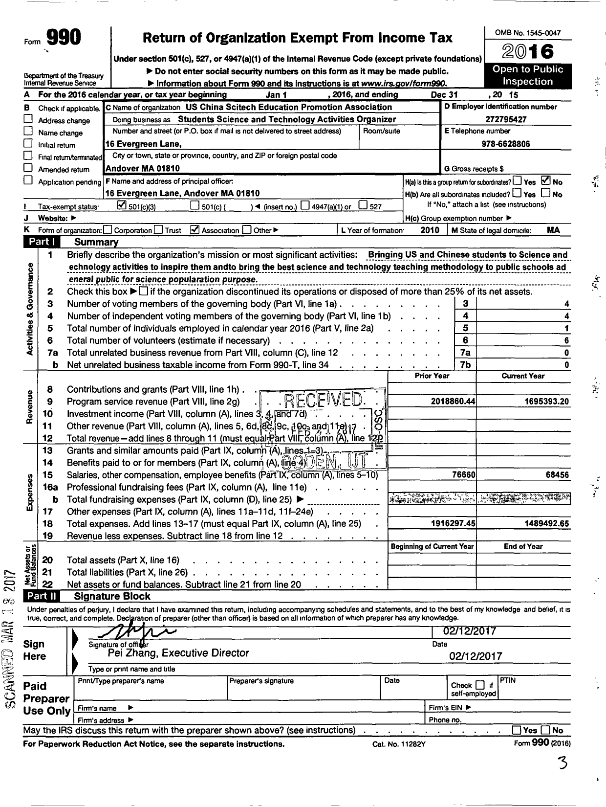 Image of first page of 2015 Form 990 for US China Scitech Education Promotion Association