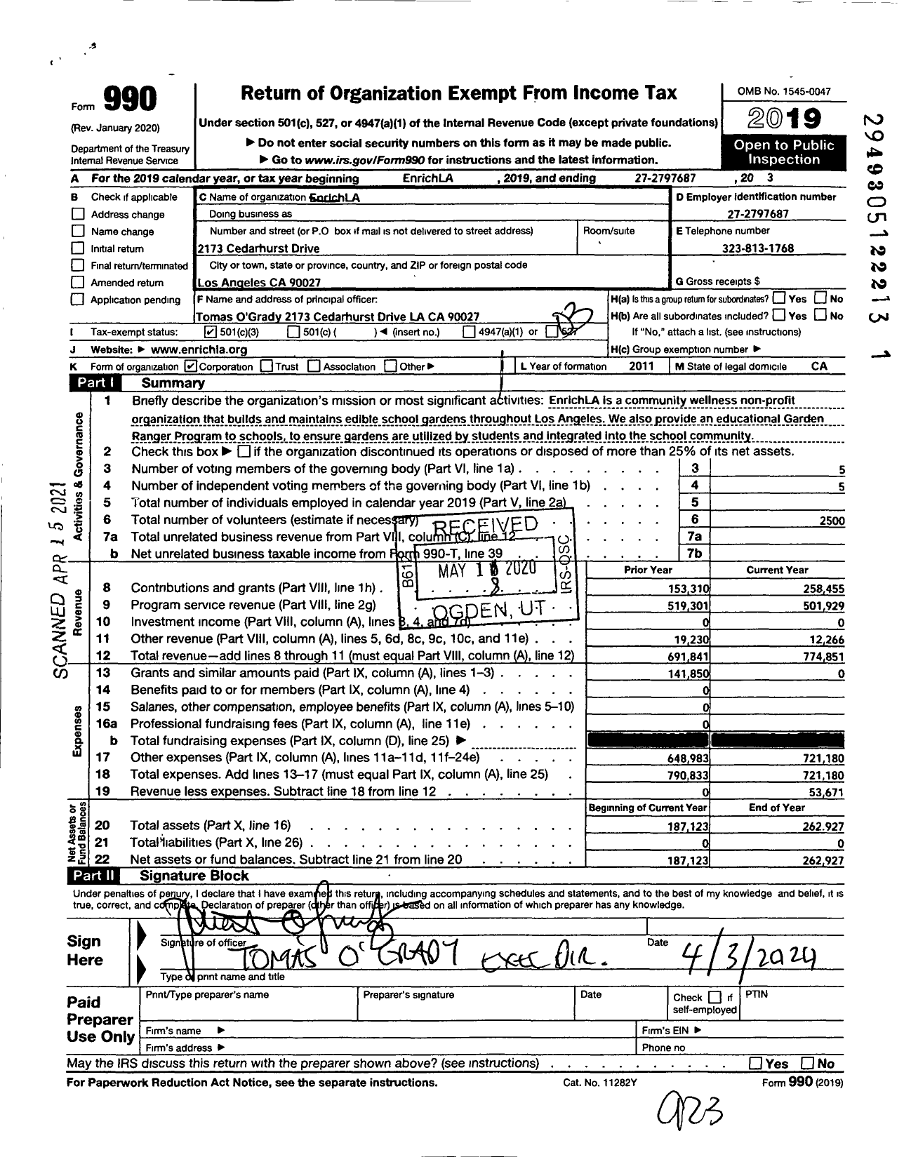 Image of first page of 2019 Form 990 for Enrichla La