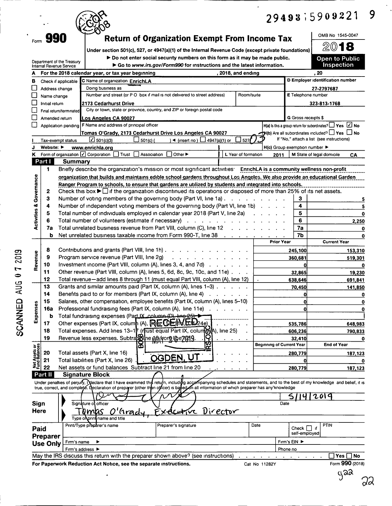 Image of first page of 2018 Form 990 for Enrich La