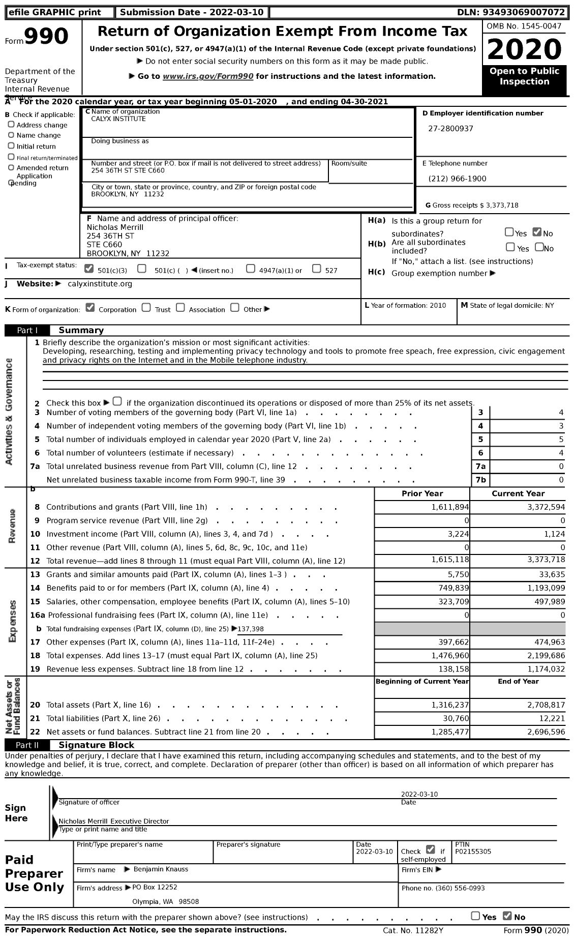 Image of first page of 2020 Form 990 for Calyx Institute