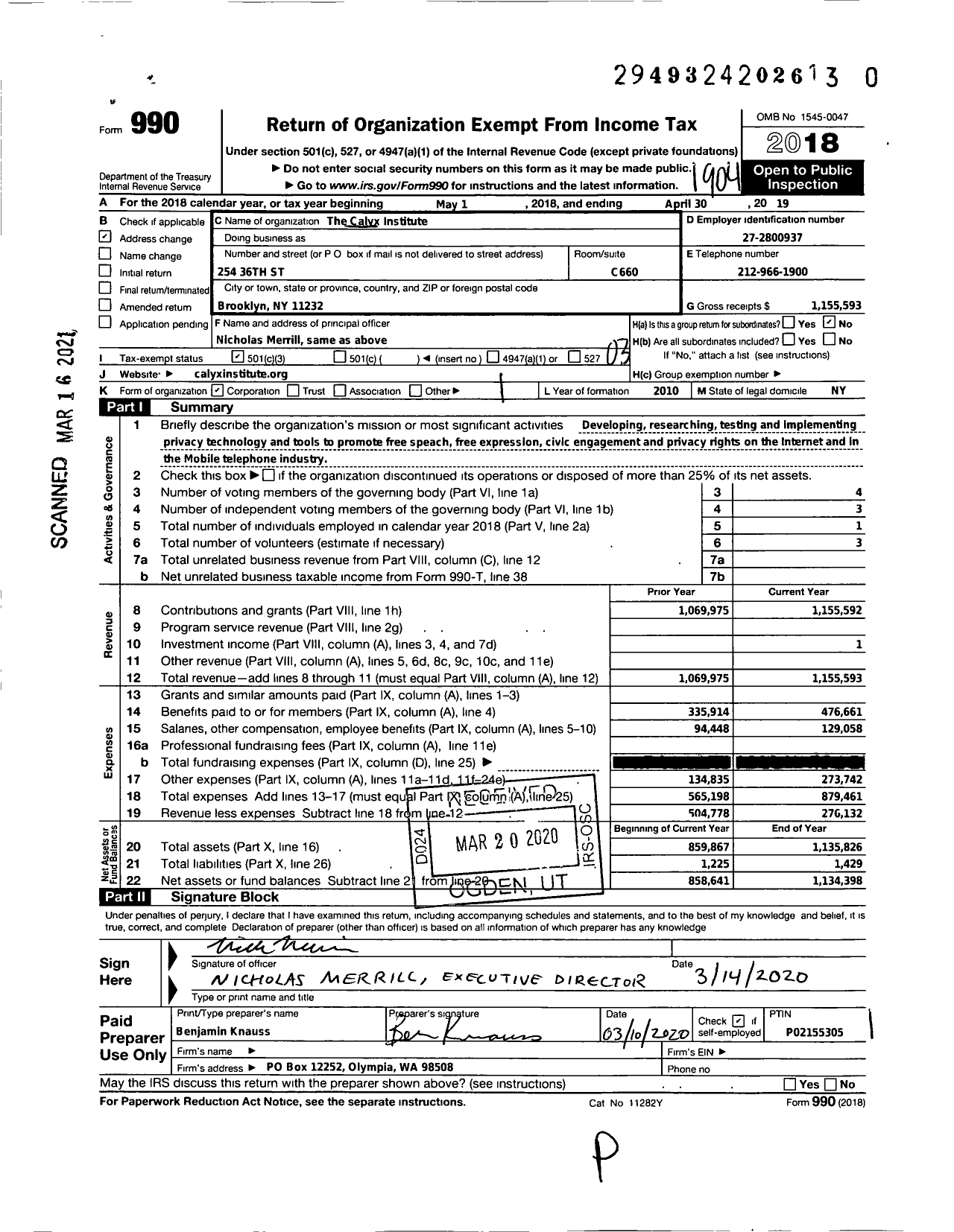 Image of first page of 2018 Form 990 for Calyx Institute