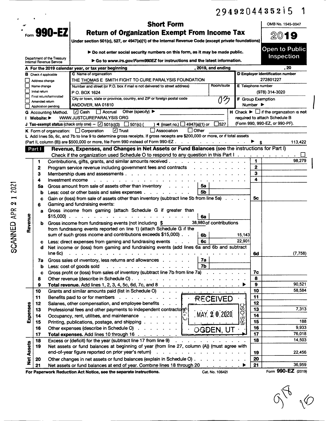 Image of first page of 2019 Form 990EZ for The Thomas E Smith Foundation