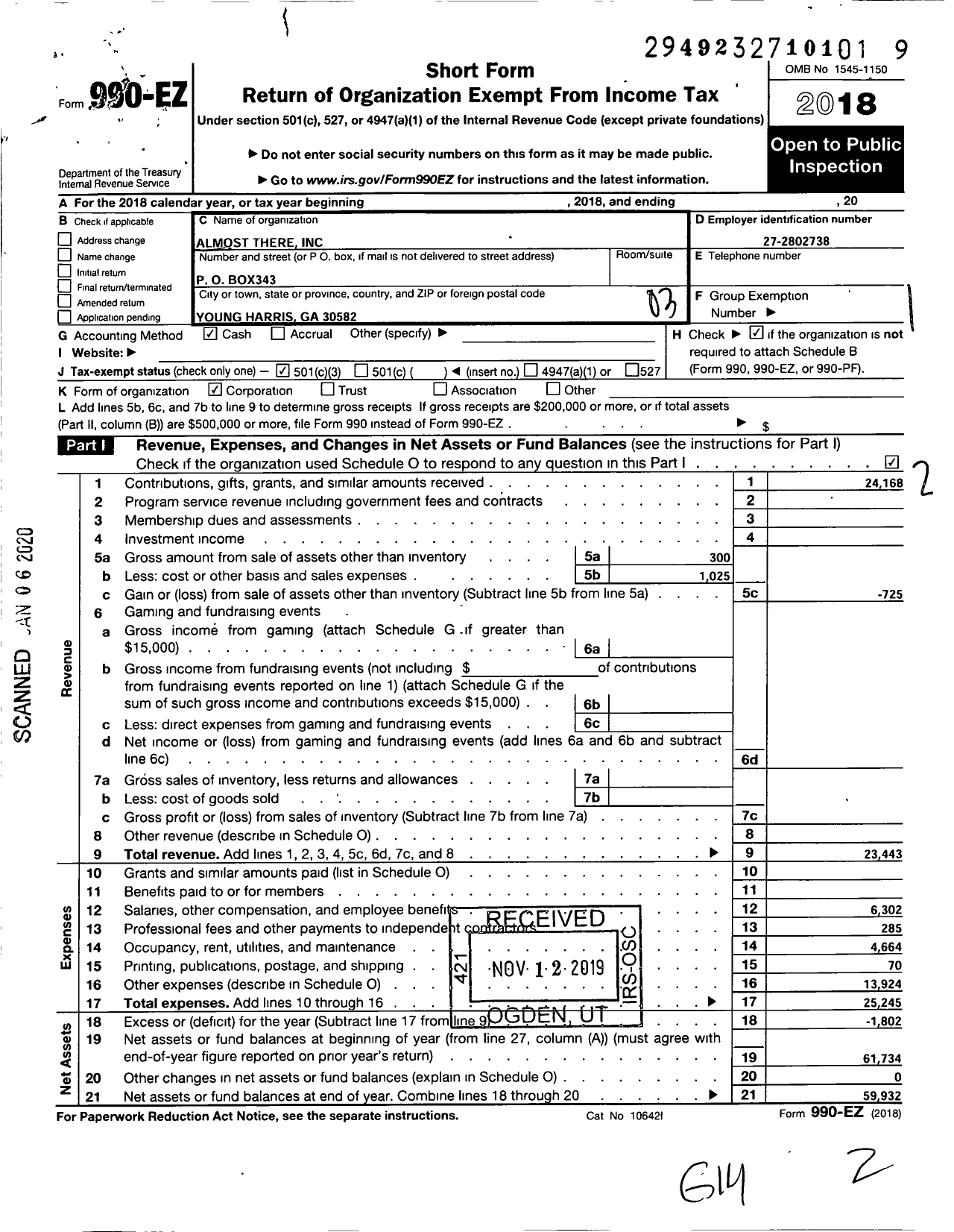 Image of first page of 2018 Form 990EZ for Almost There