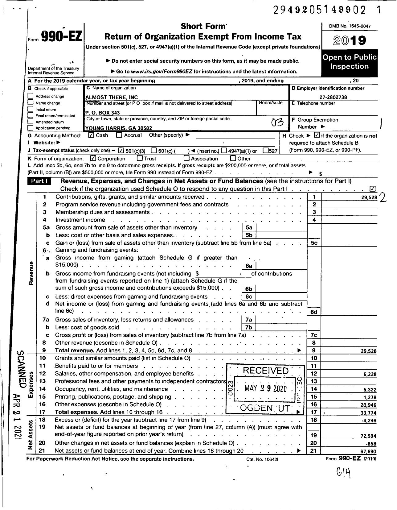 Image of first page of 2019 Form 990EZ for Almost There