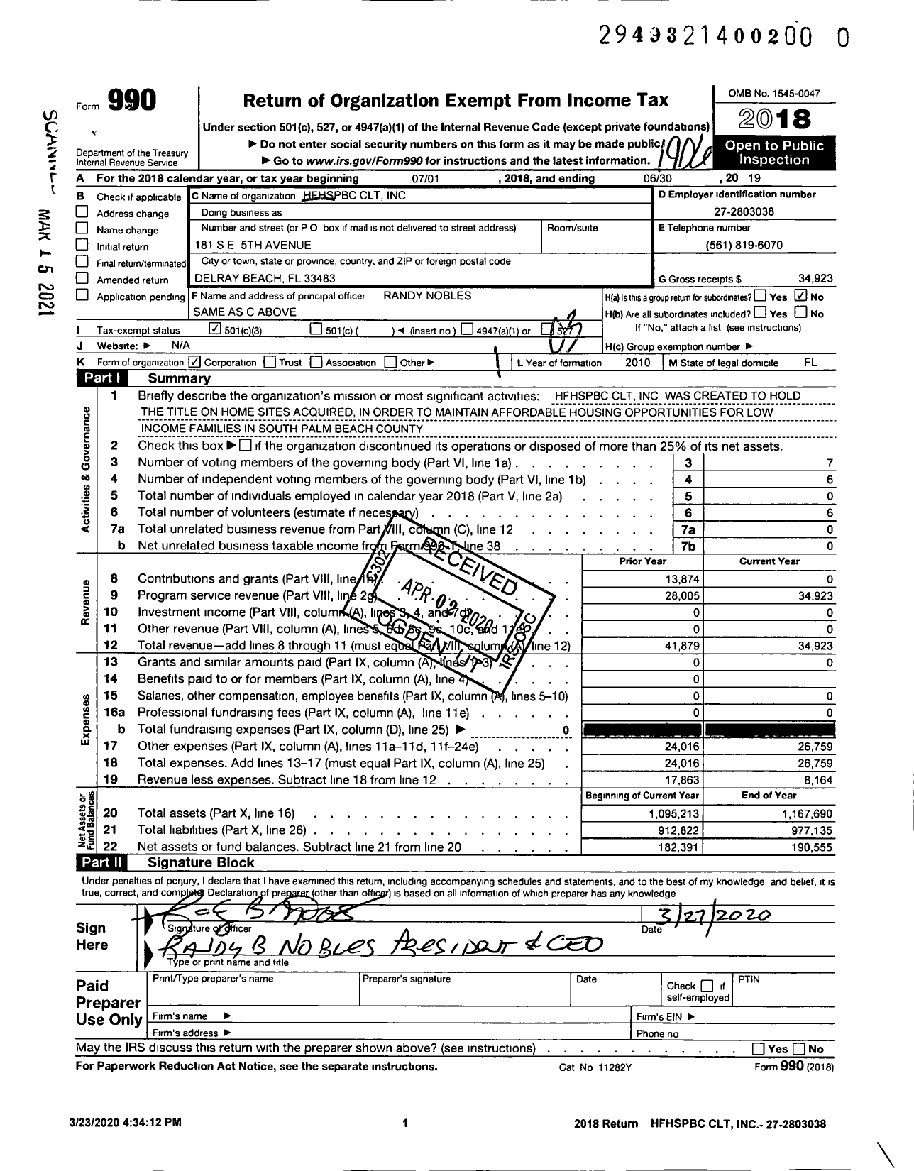 Image of first page of 2018 Form 990 for HFHSPBC CLT
