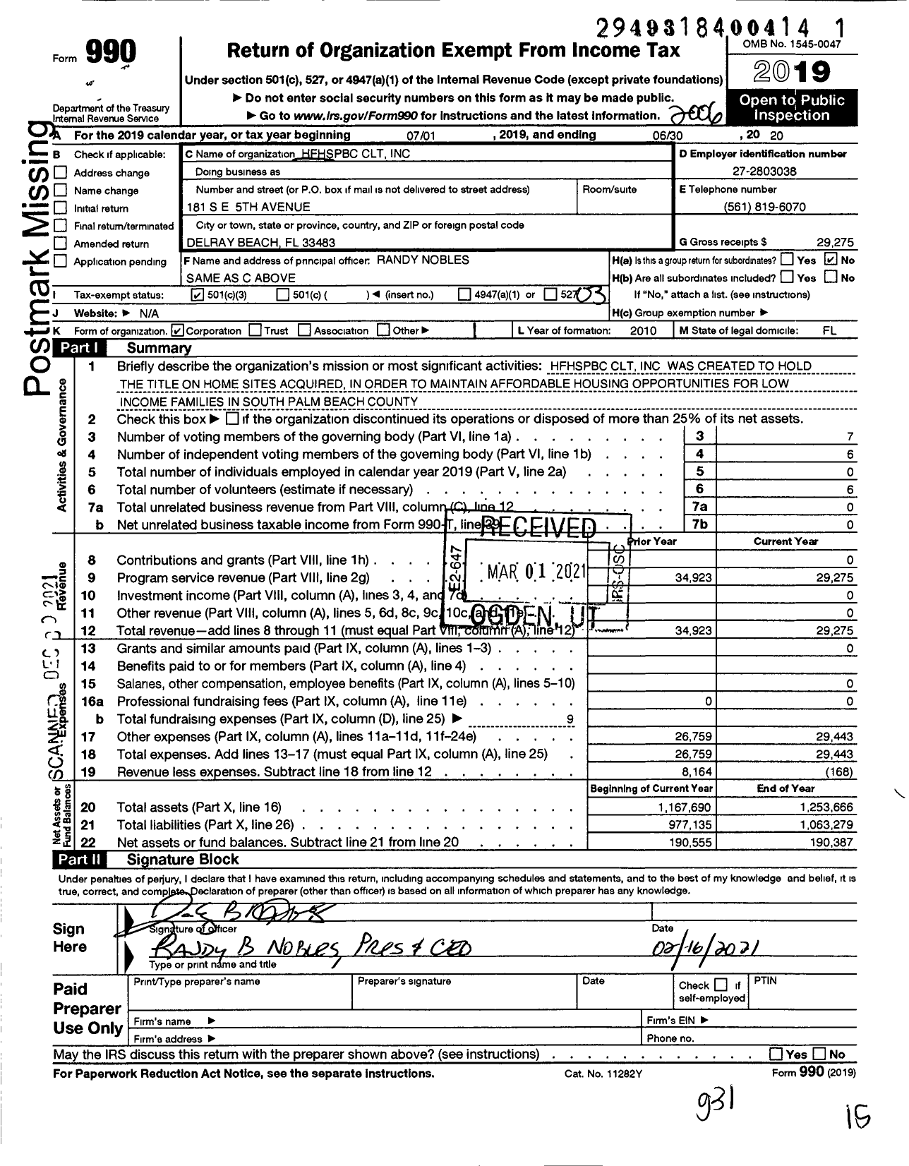 Image of first page of 2019 Form 990 for HFHSPBC CLT