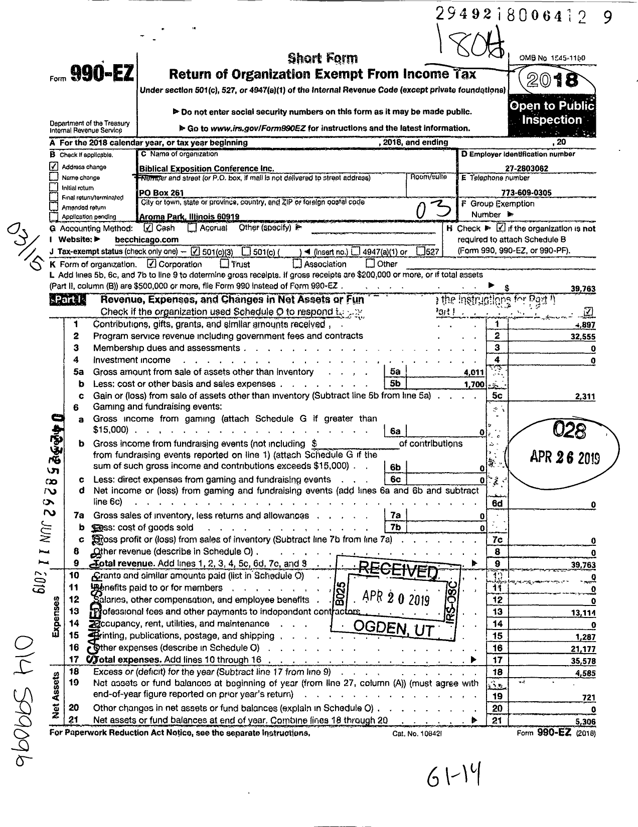 Image of first page of 2017 Form 990EZ for Biblical Exposition Conference