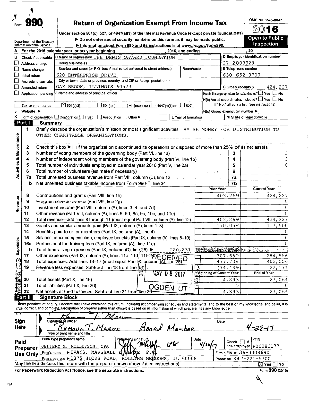 Image of first page of 2016 Form 990 for The Denis Savard Foundation