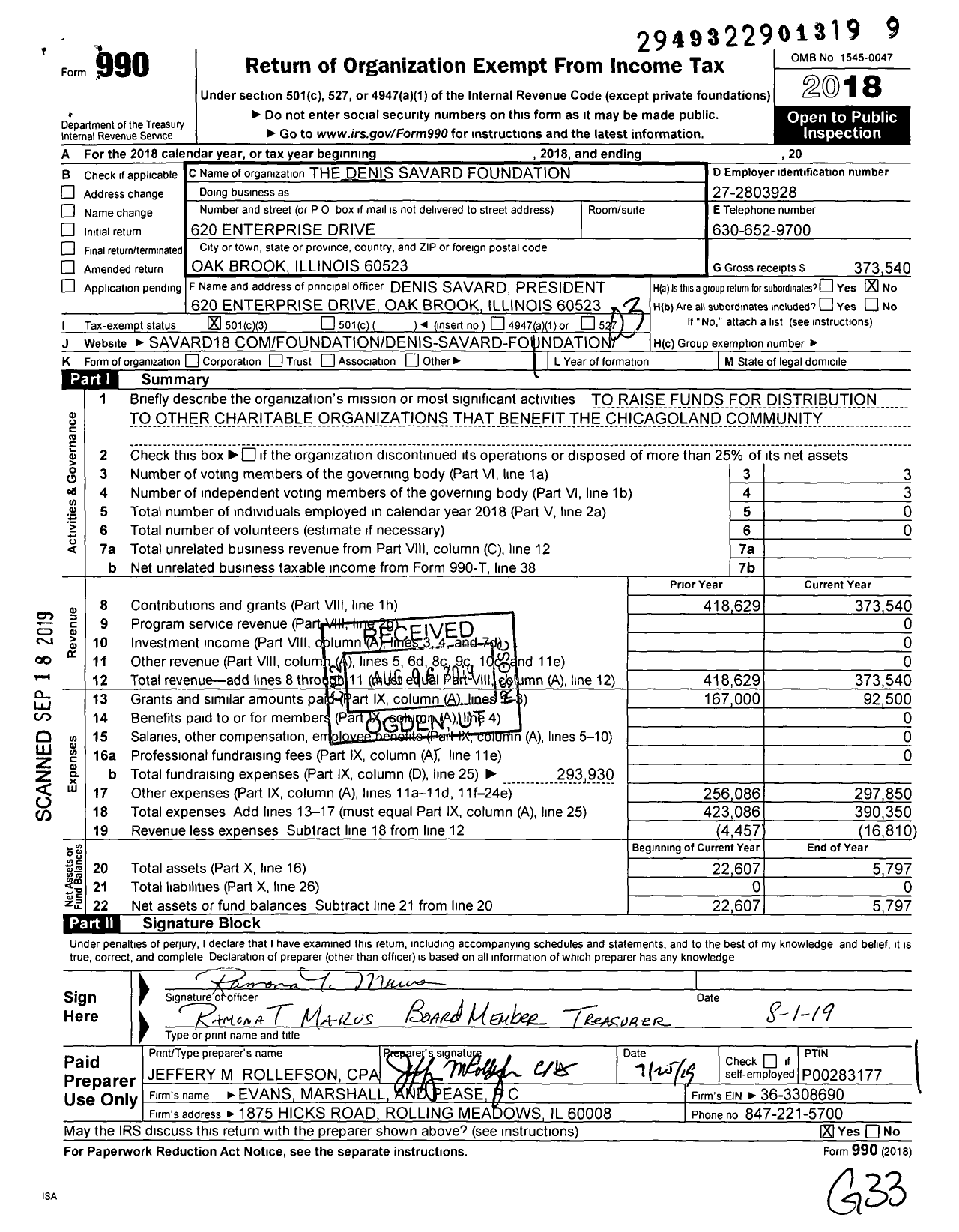 Image of first page of 2018 Form 990 for The Denis Savard Foundation