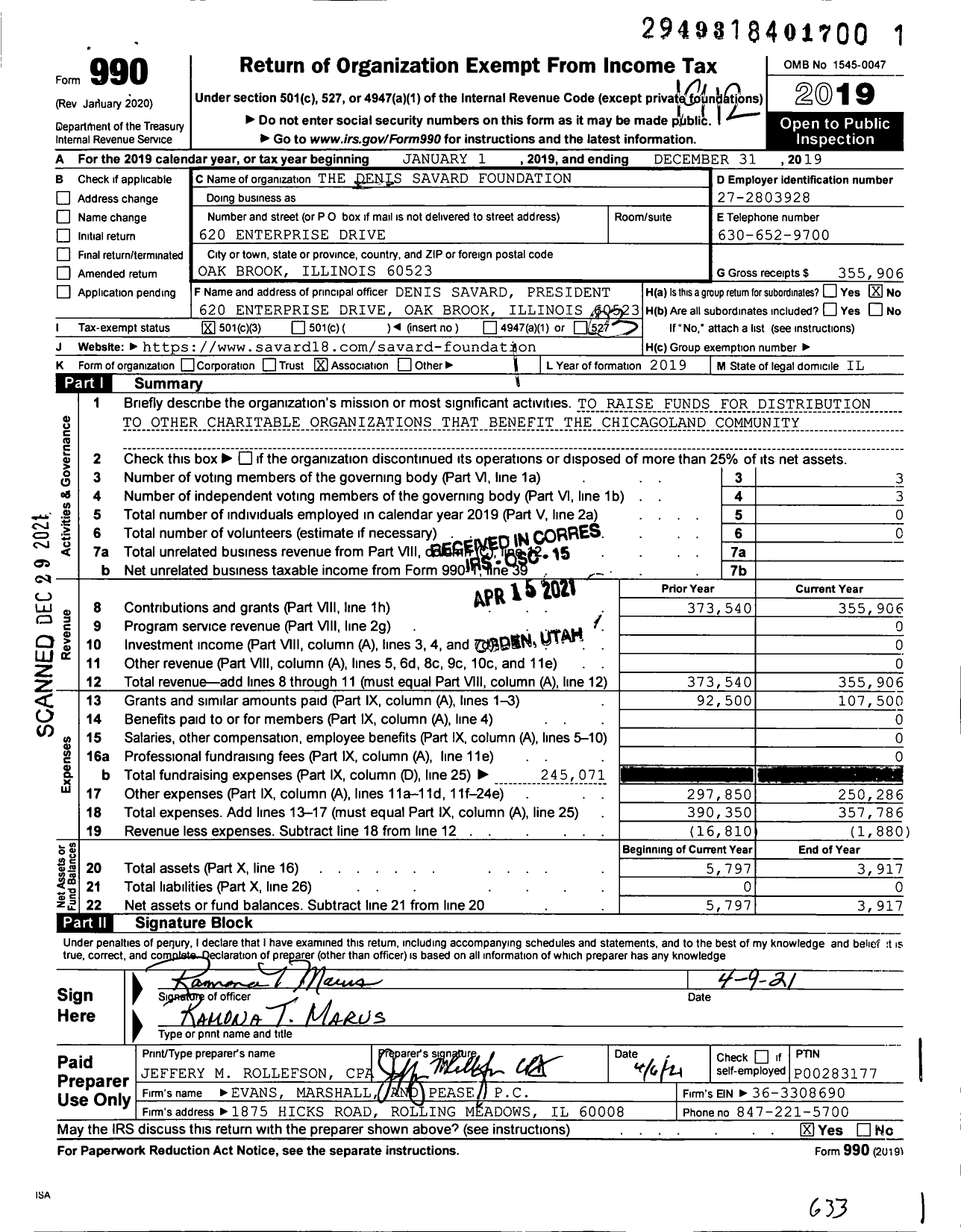 Image of first page of 2019 Form 990 for The Denis Savard Foundation