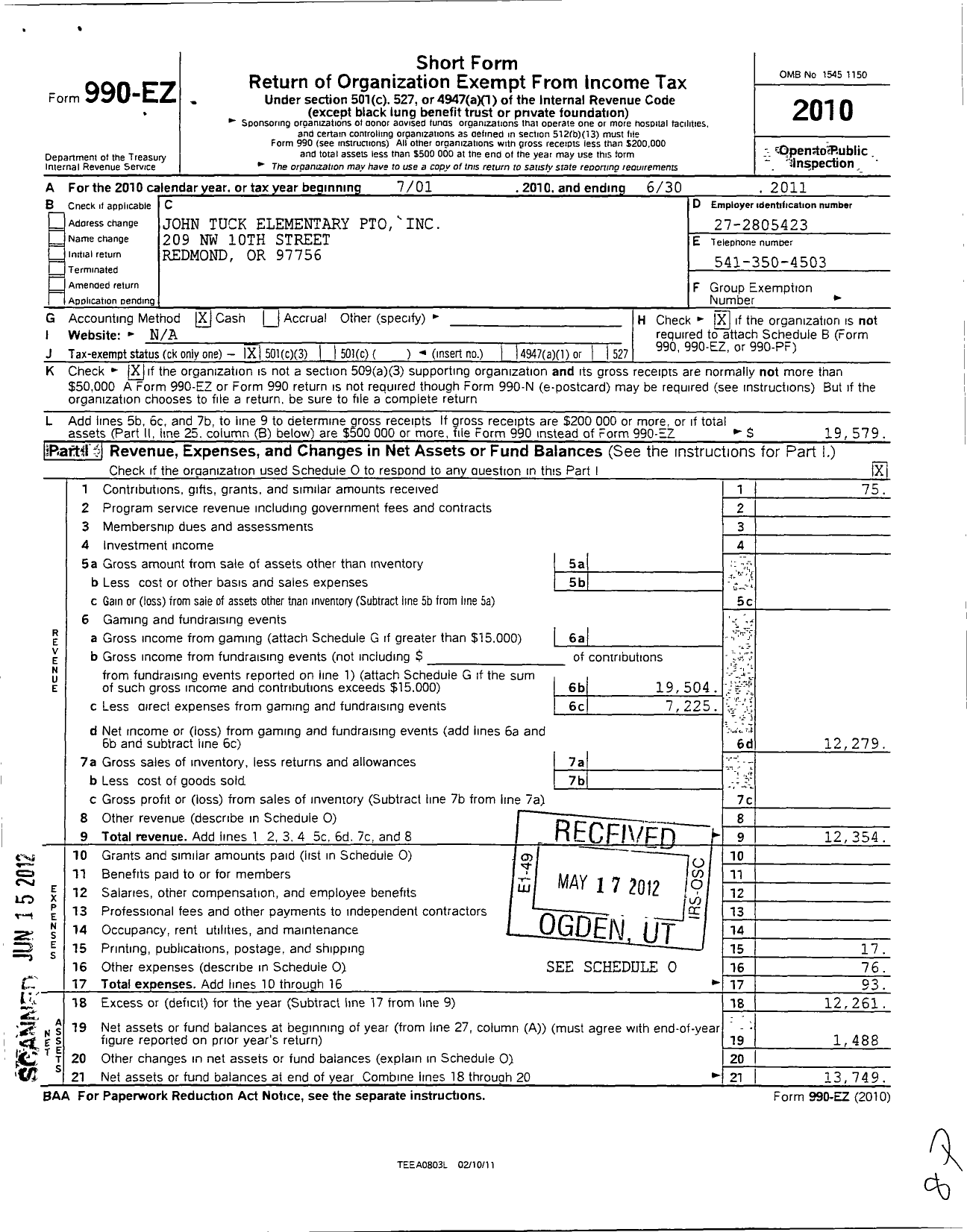 Image of first page of 2010 Form 990EZ for John Tuck Elementary Pto